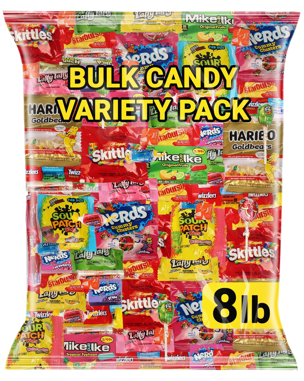 KATIE’S KANDY KORNER front packaging showing 8 lb variety pack and colorful branding benefits easy selection