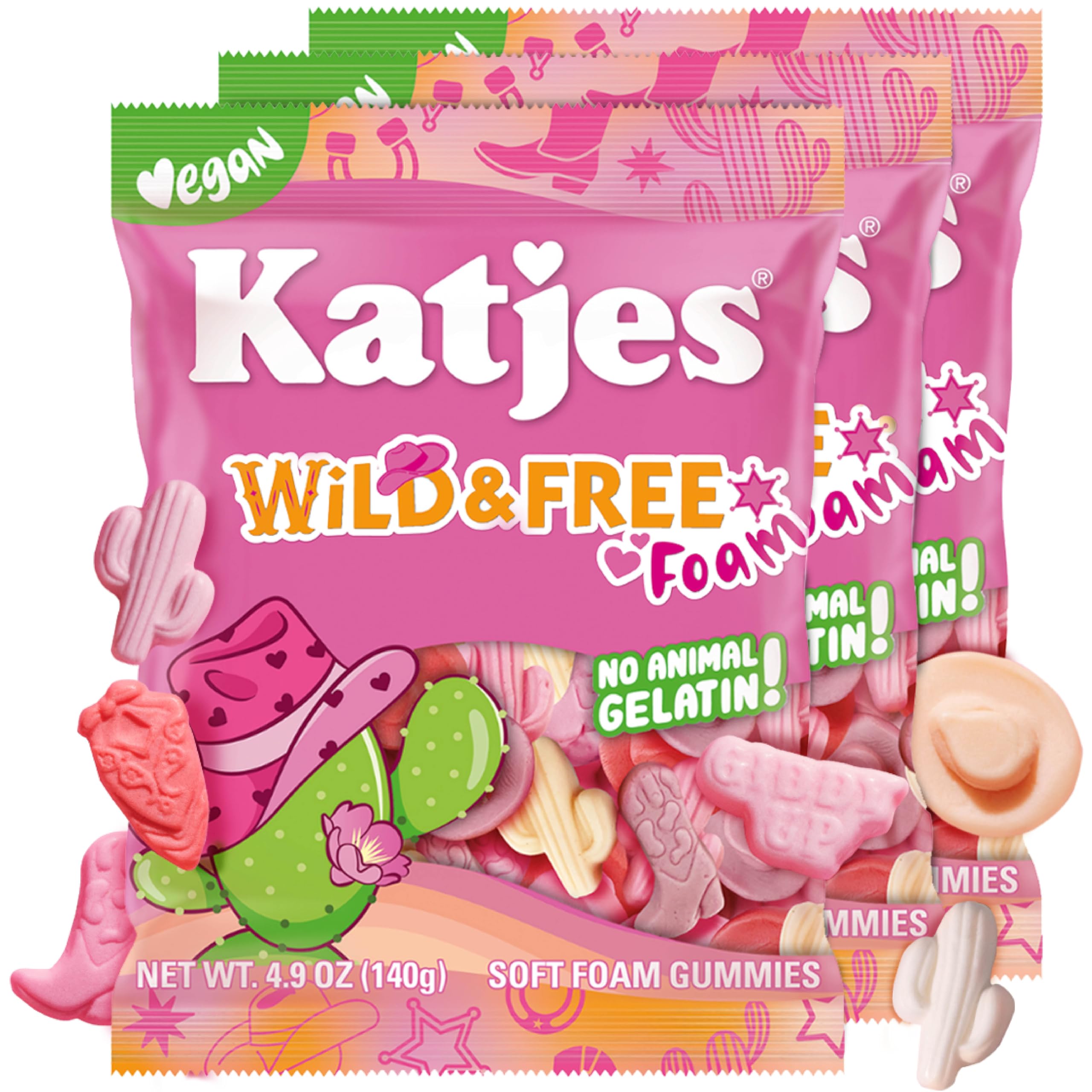 Katjes front packaging showing cowgirl-shaped gummies and flavor variety for eye-catching appeal