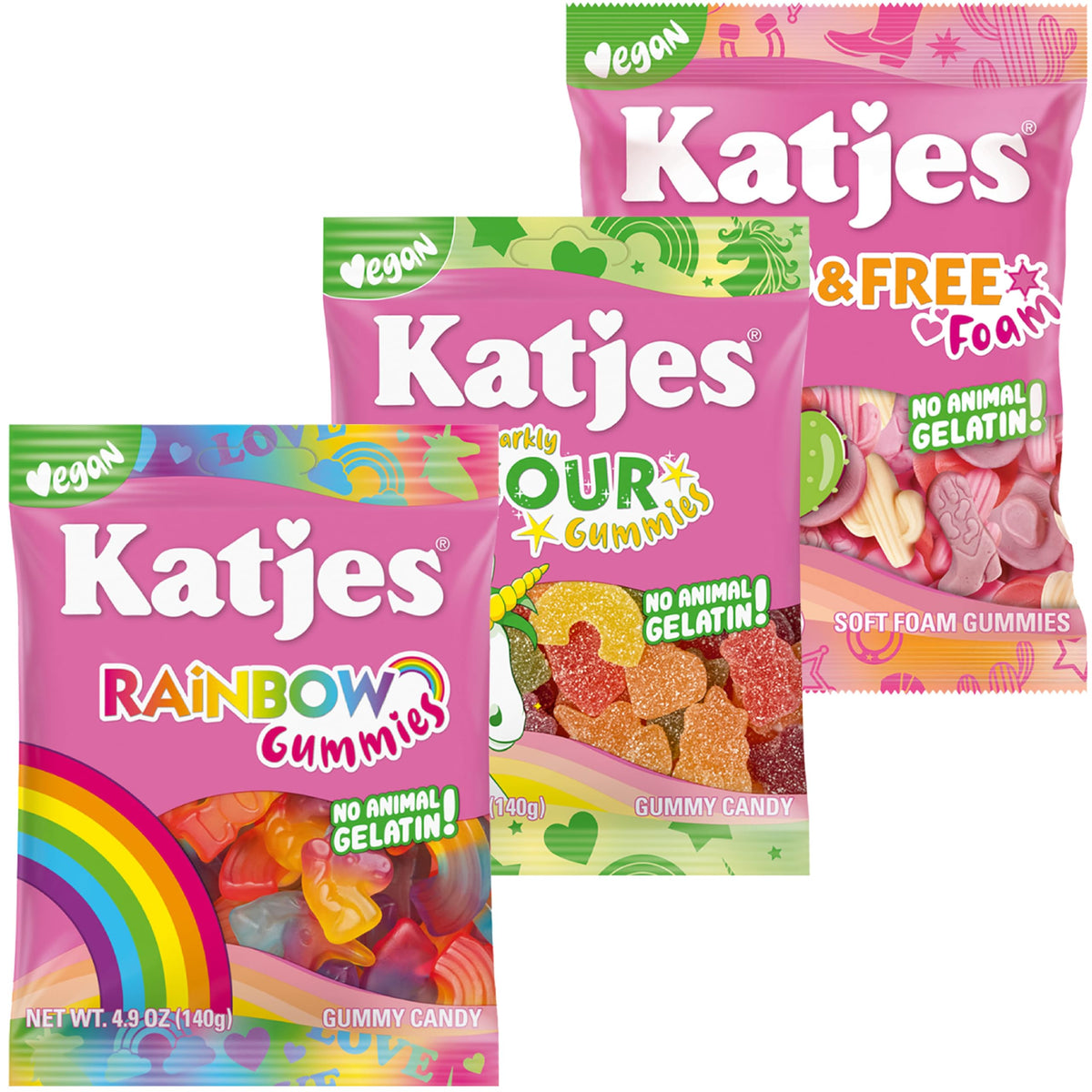 Katjes front packaging showing three vegan gummy bags and clear branding benefits