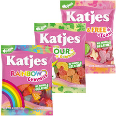 Katjes front packaging showing three vegan gummy bags and clear branding benefits