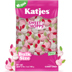 Katjes front packaging of Sweet Hopps 35 oz bag showing bunny faces, inviting shareability