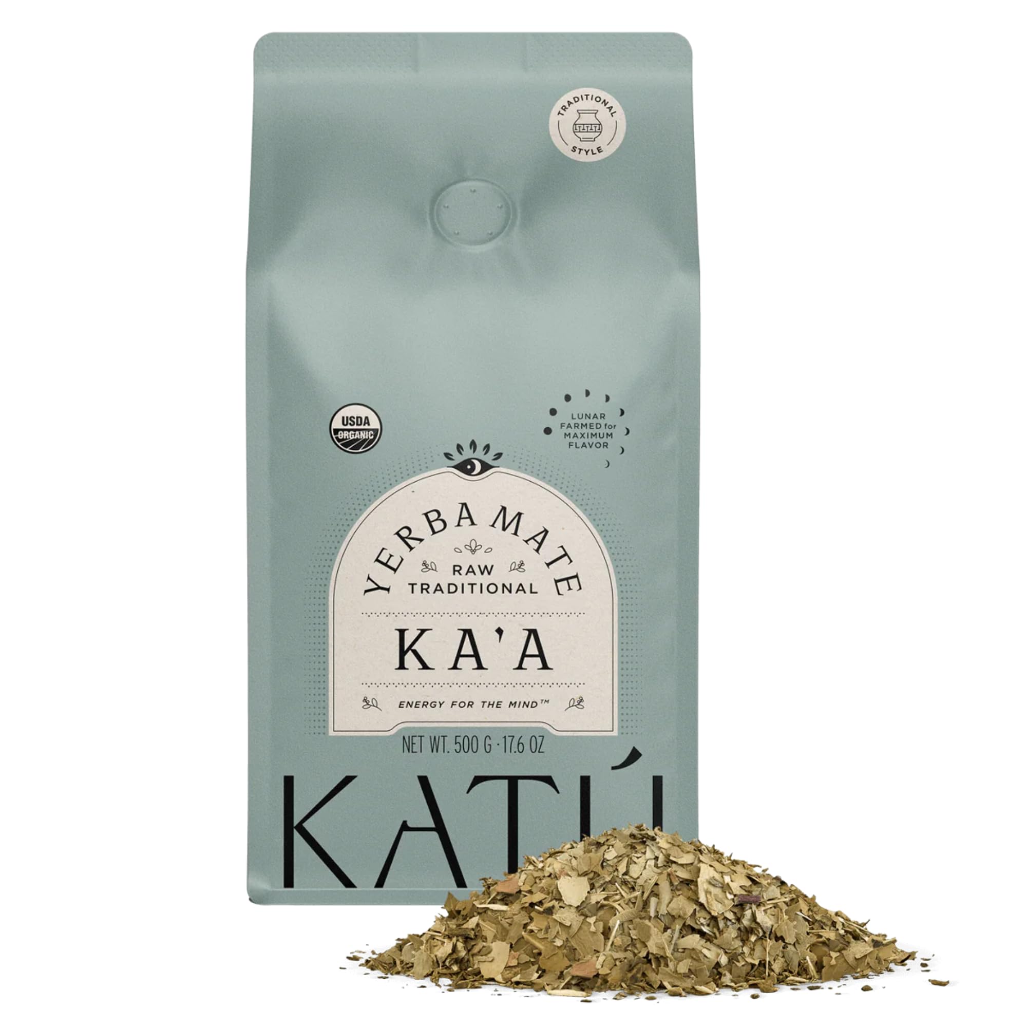 KATÚ Ka'a front packaging showing organic premium loose-leaf and product size