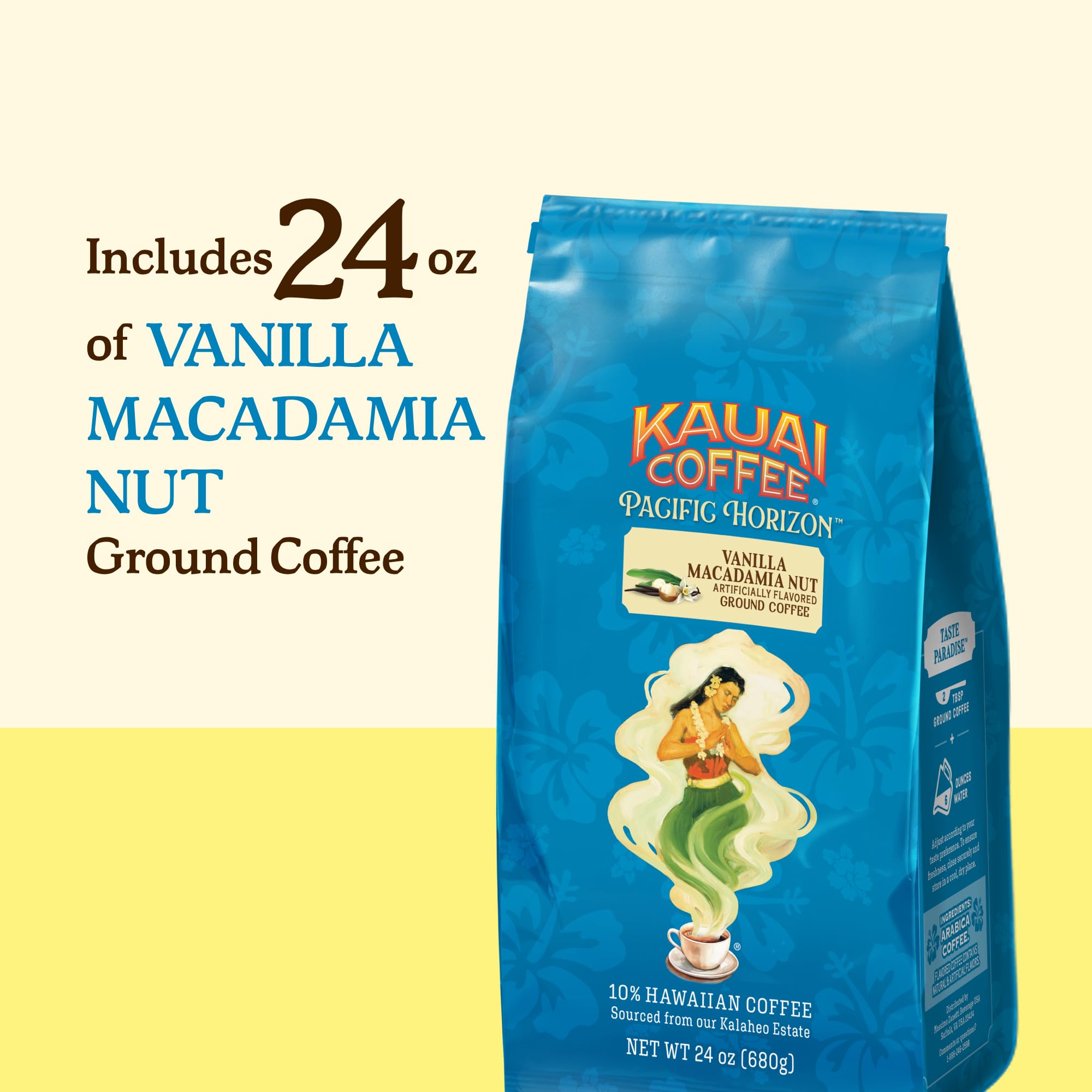 Kauai Coffee 24 oz bag next to measuring scoop illustrating size and lasting supply