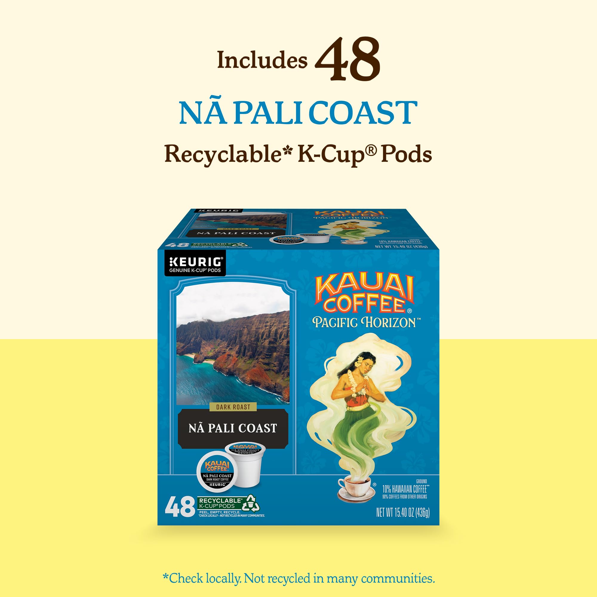 Kauai Coffee 48-count box with pods spread to show quantity and value