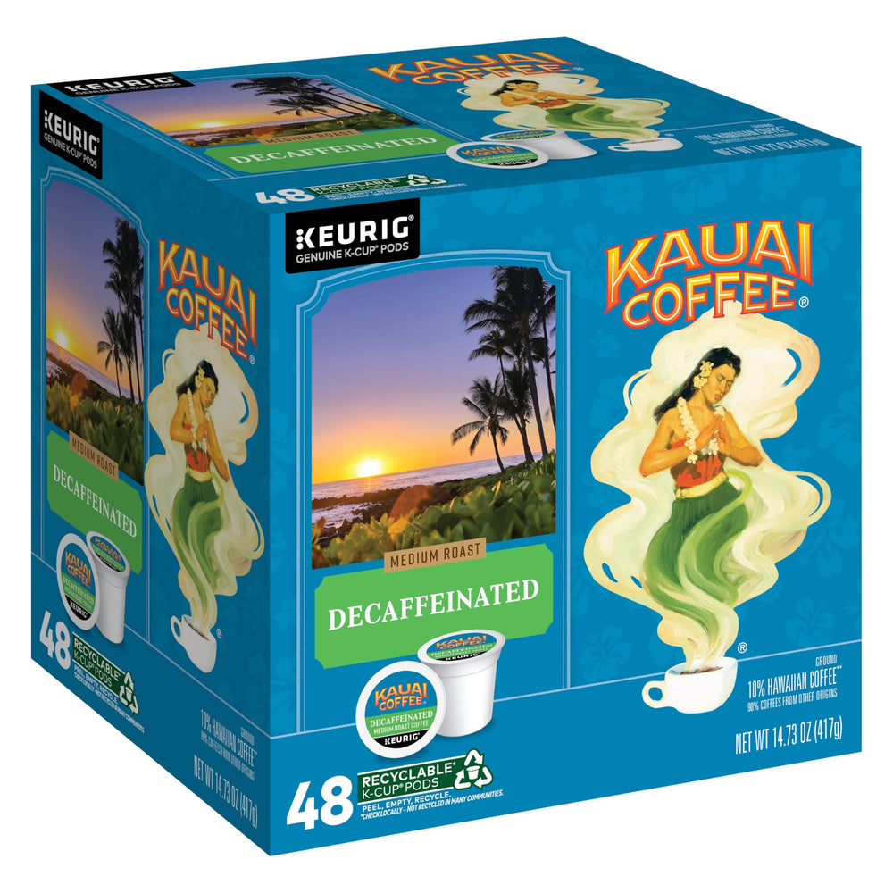 Kauai Coffee decaf K-Cup front box showing brand and 48-count convenience