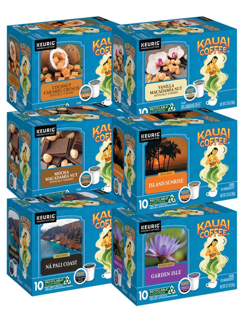 Kauai Coffee front packaging showing six flavor packs and island branding benefit