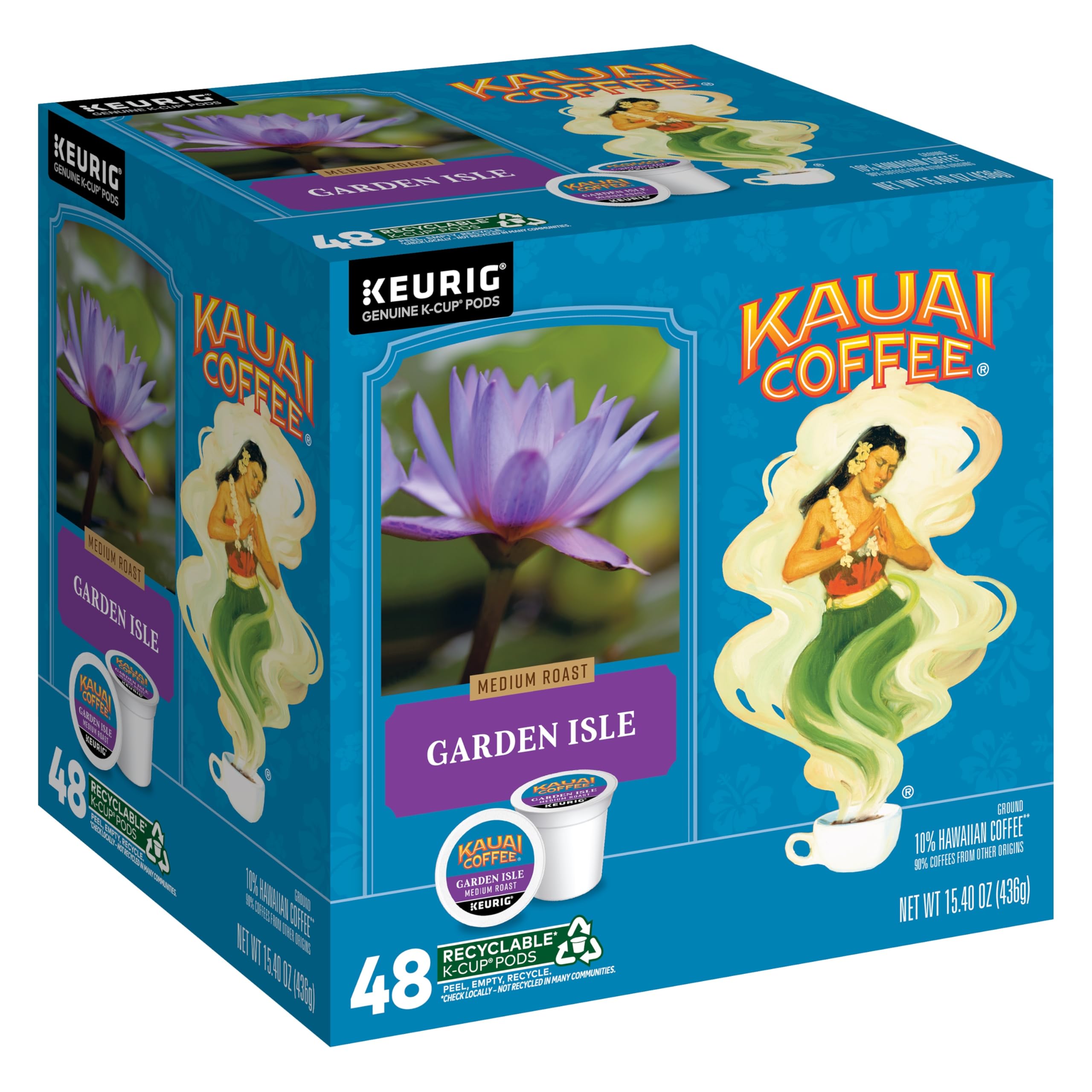 Kauai Coffee front box showing Garden Isle 48-count benefits