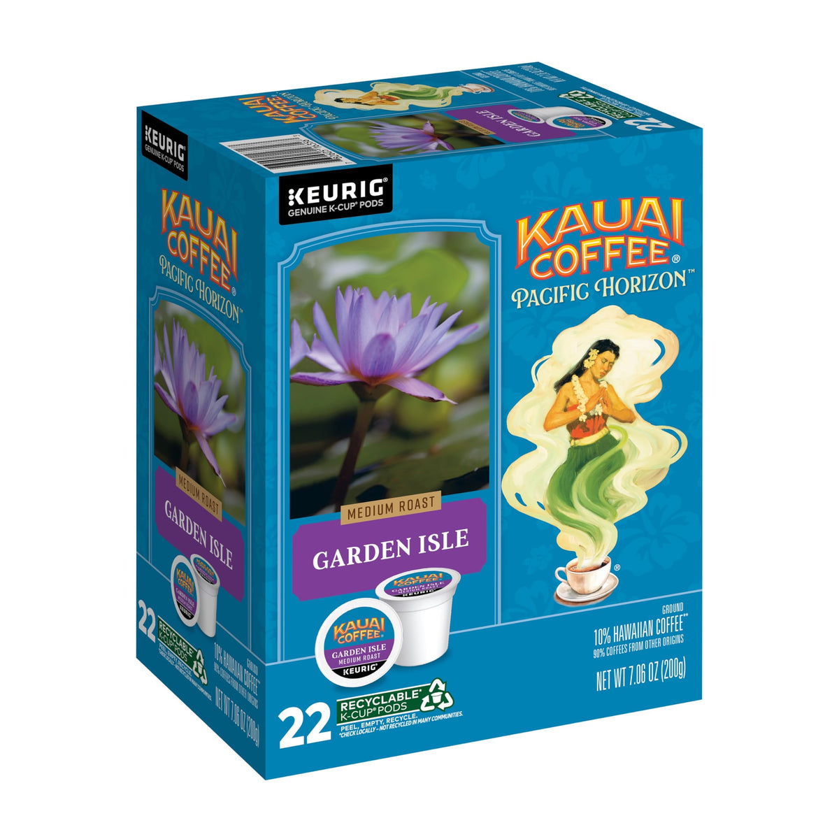 Kauai Coffee front packaging showing 22 pods and island branding benefit freshness