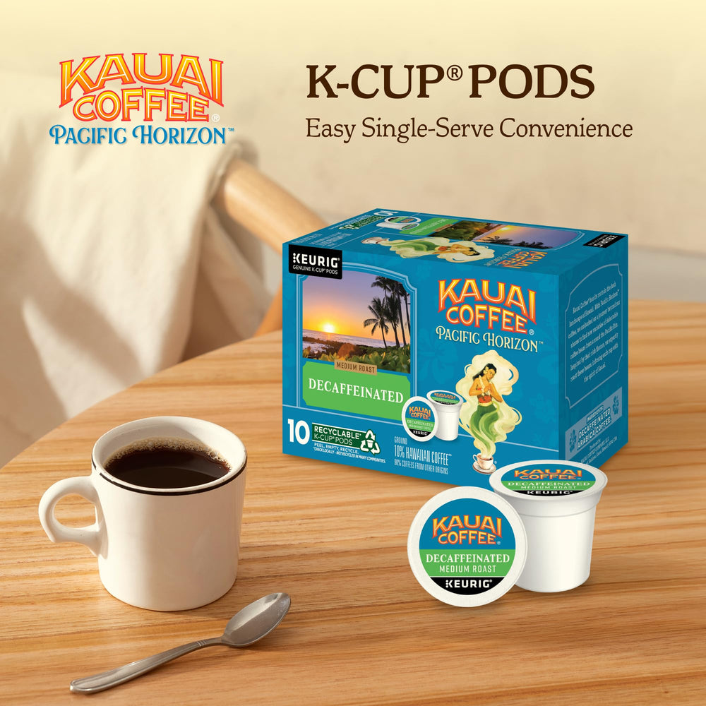 Kauai Coffee beans and Hawaiian map highlighting 10% Hawaiian Arabica origin