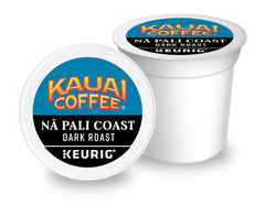 Kauai Coffee close-up K-Cup top label highlighting easy single-serve brewing
