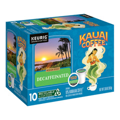 Kauai Coffee front packaging showing 10 K-Cup pods and brand benefits