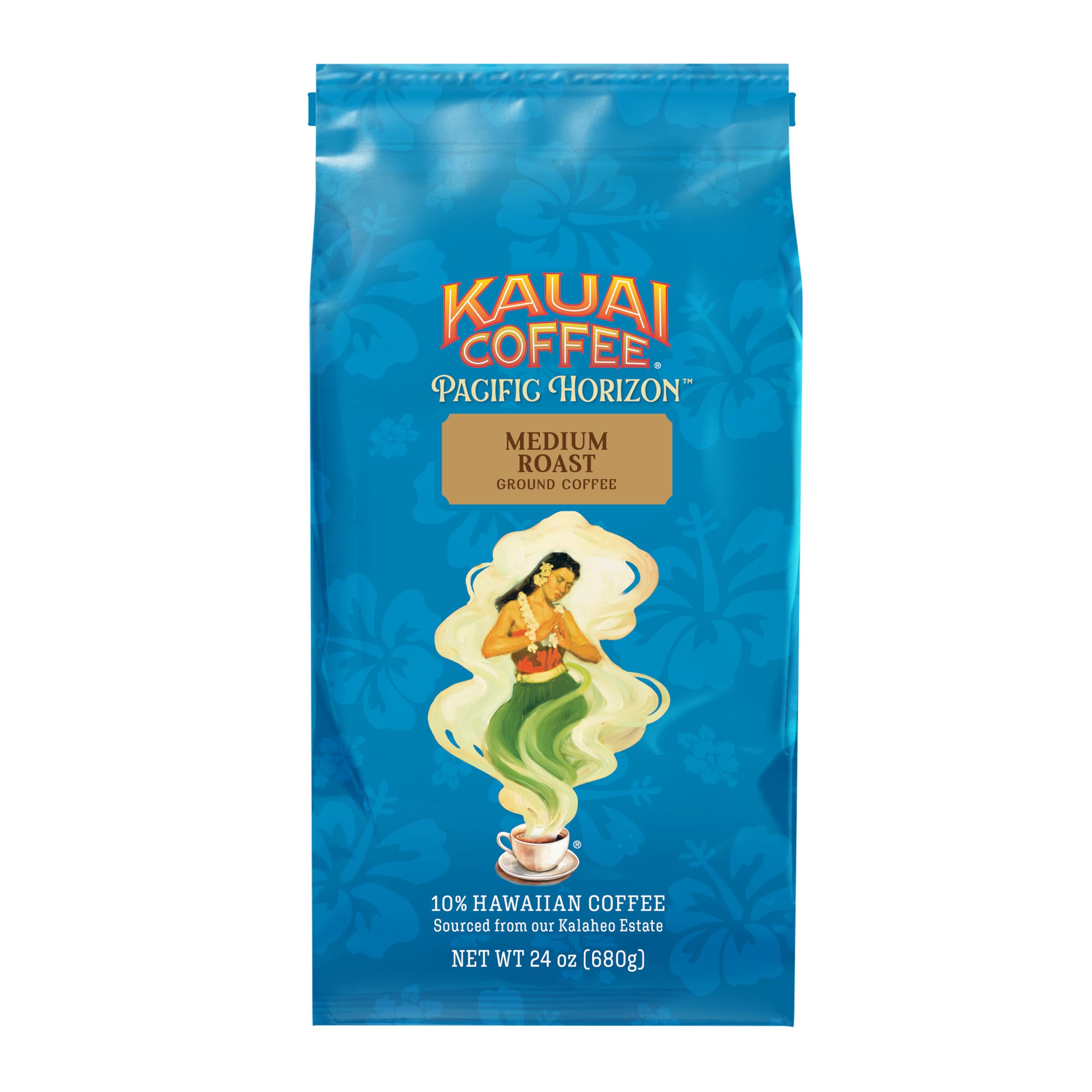 Kauai Coffee front packaging showing 24 oz bag and island branding for freshness