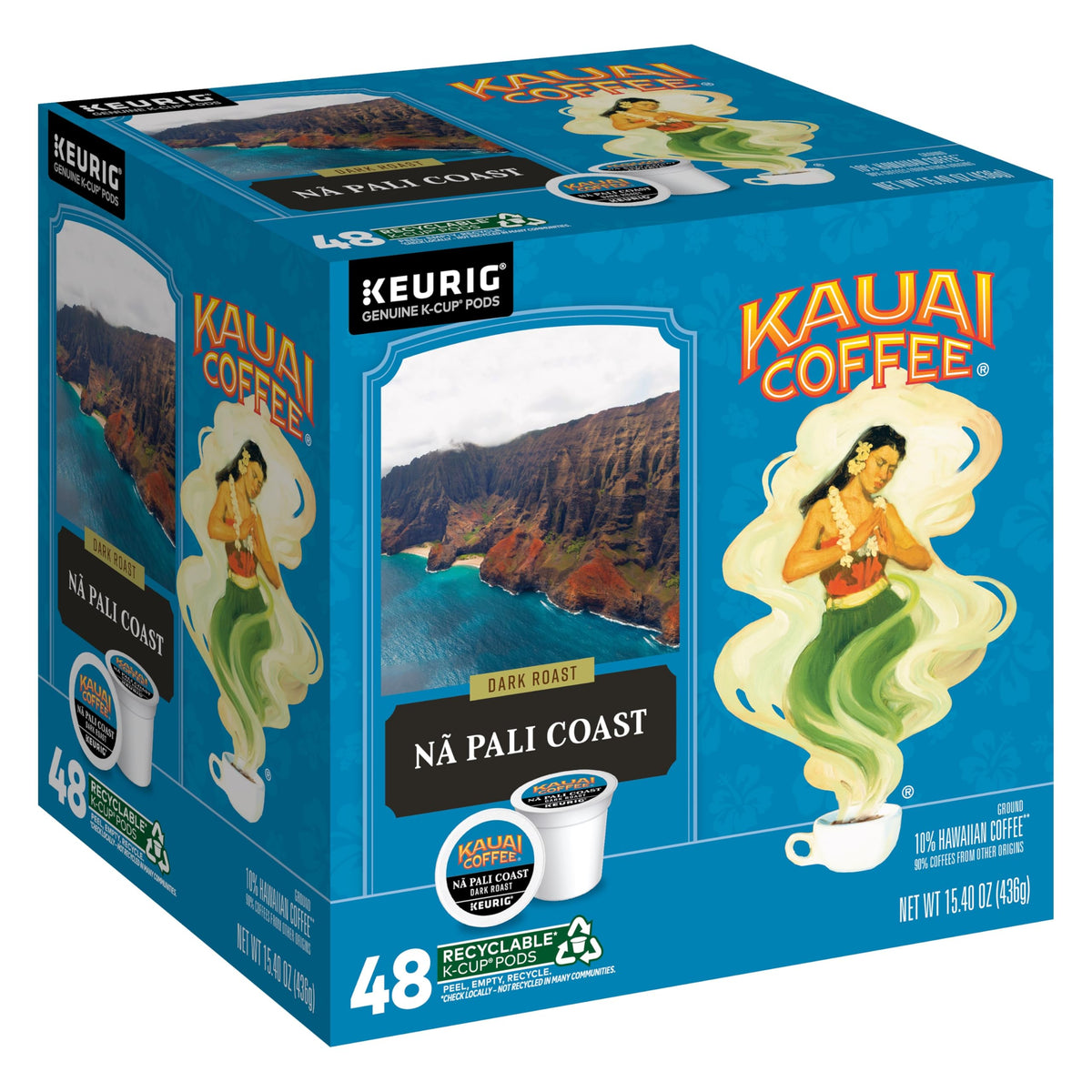 Kauai Coffee front packaging showing 48 pods and island branding for convenience