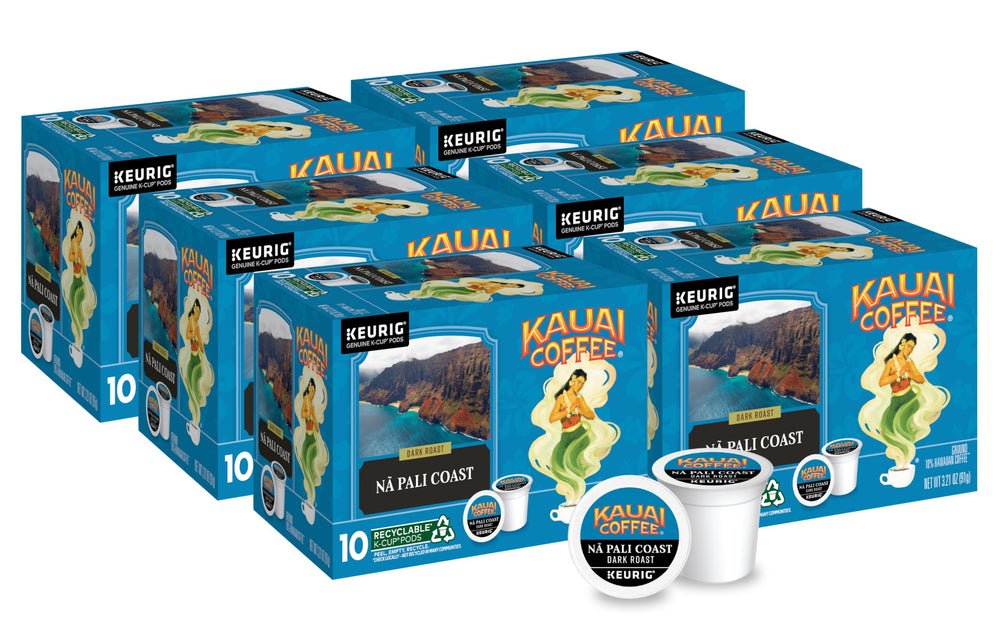 Kauai Coffee front packaging showing Na Pali Coast pods and branding, evokes convenience