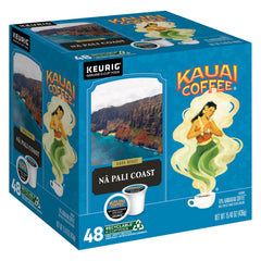 Kauai Coffee front packaging showing 48 pods and island branding for convenience