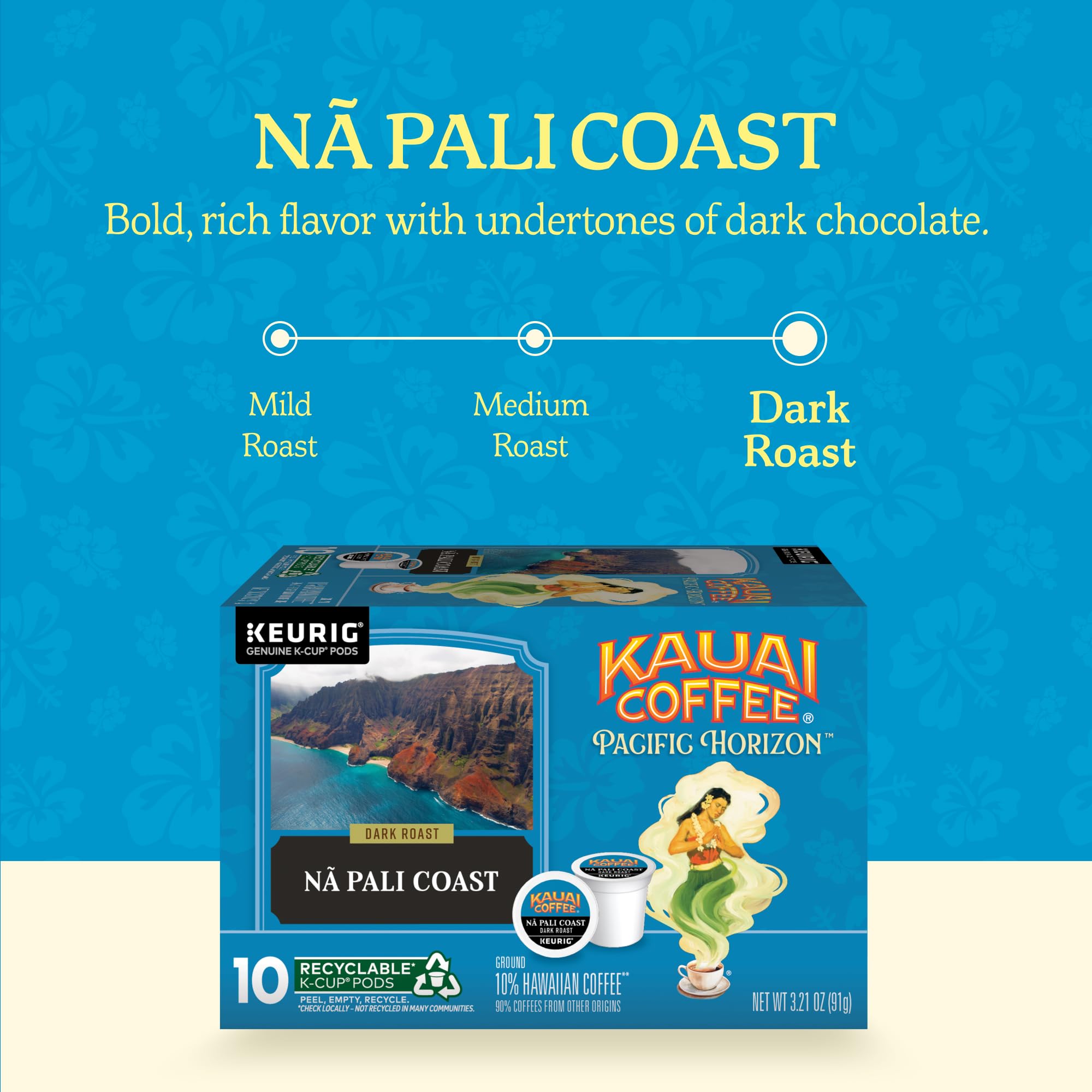 Kauai Coffee pod close-up revealing ground coffee texture and rich dark-roast appeal