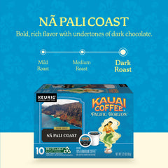 Kauai Coffee pod close-up revealing ground coffee texture and rich dark-roast appeal