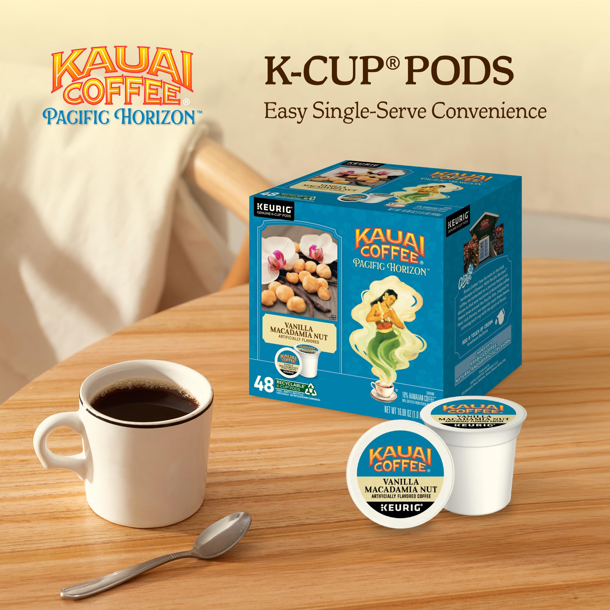 Kauai Coffee pod placed in Keurig brewer demonstrating easy single-serve brewing