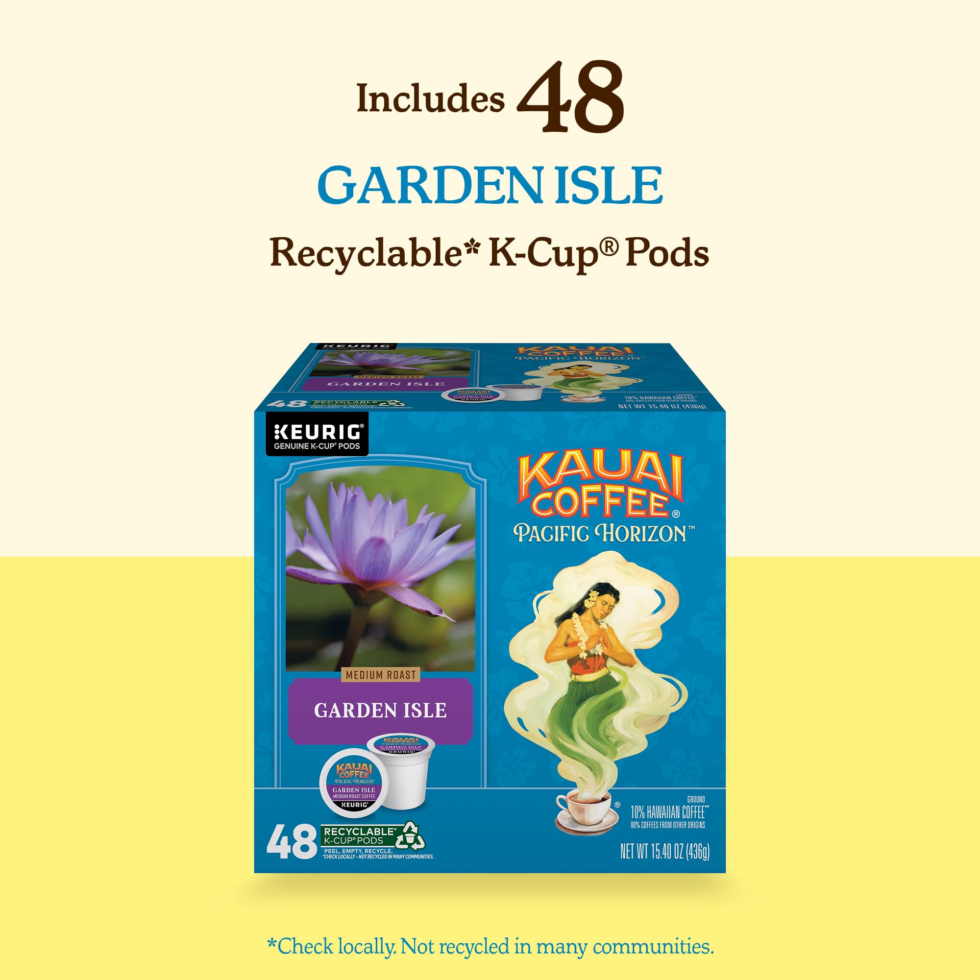 Kauai Coffee pod held in hand showing single-serve scale