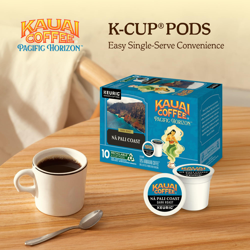 Kauai Coffee pod inserted in a Keurig machine, demonstrating quick single-serve brewing
