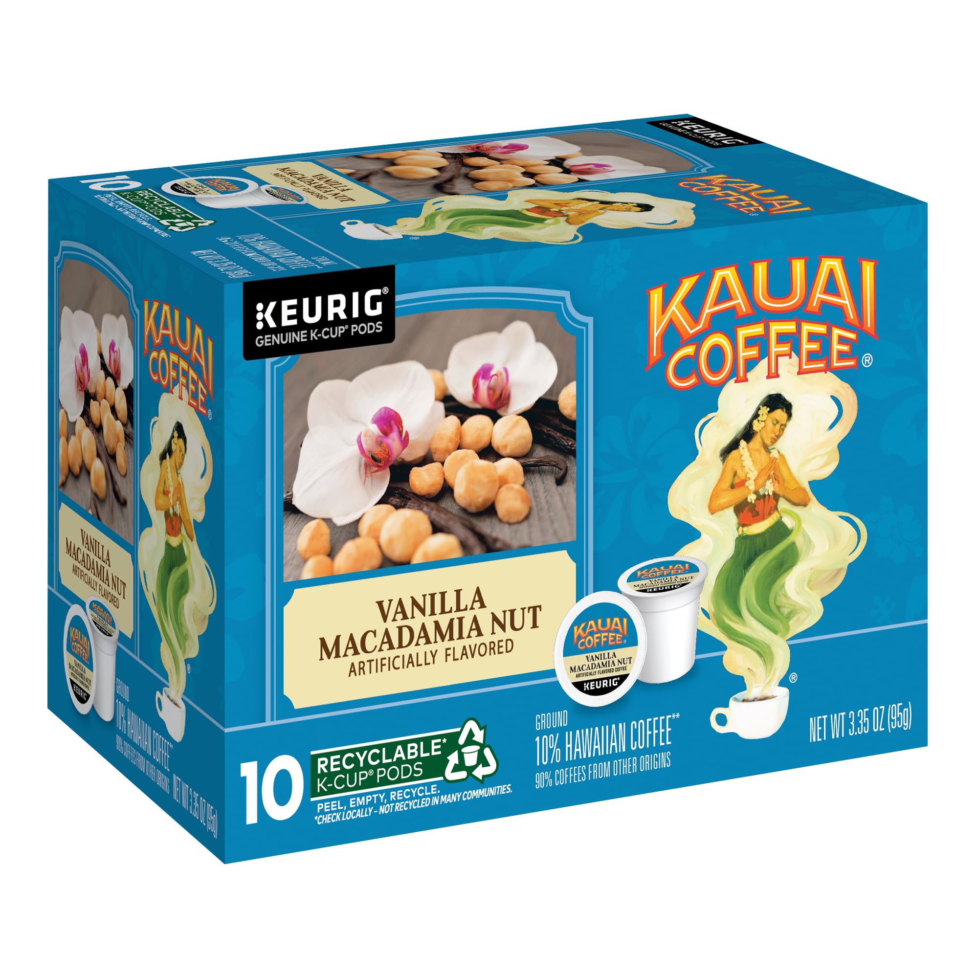 Kauai Coffee pods with recyclable icon explaining recycling option benefit