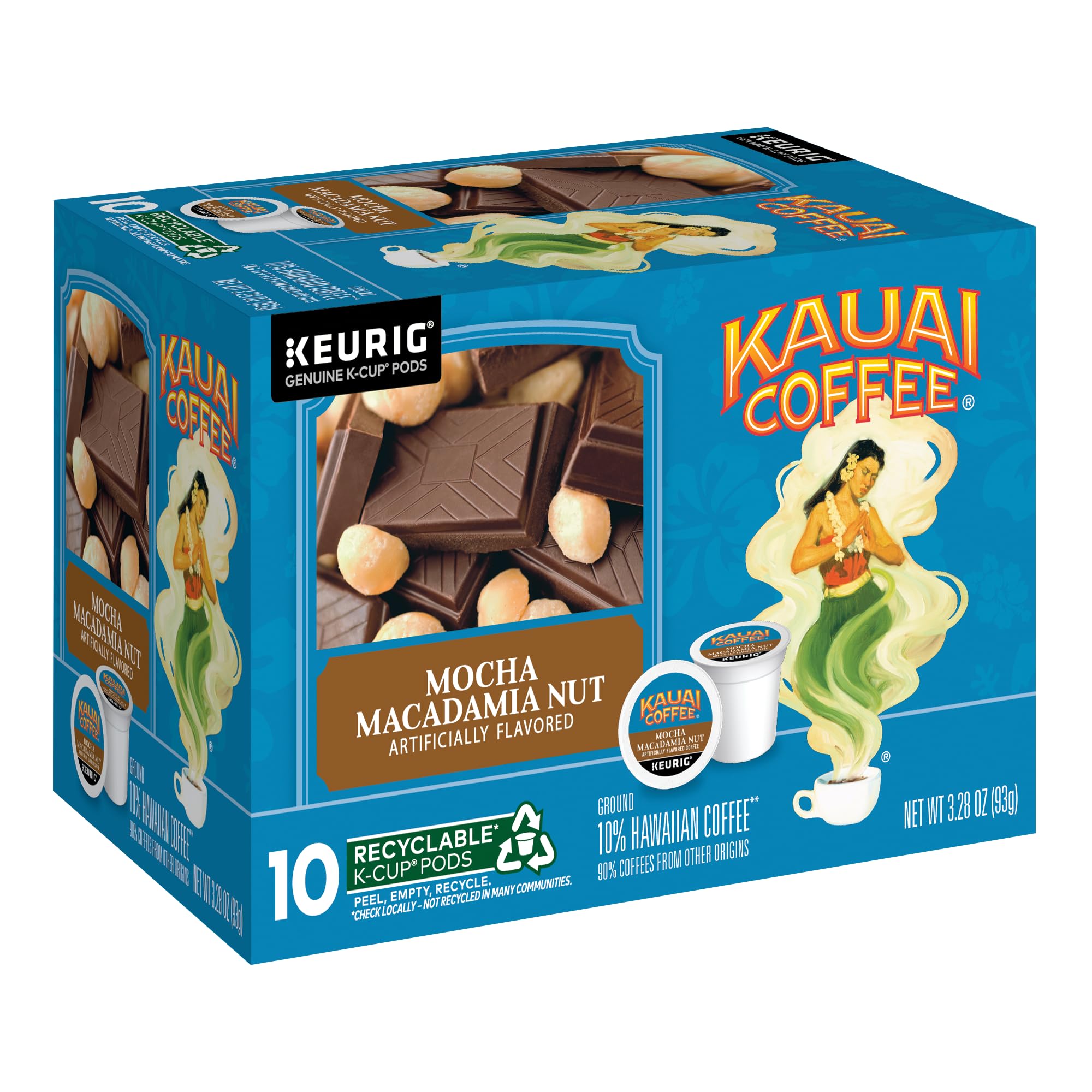 Cup next to Kauai Coffee pod for size comparison showing portion guidance