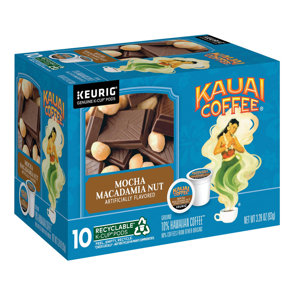 Cup next to Kauai Coffee pod for size comparison showing portion guidance