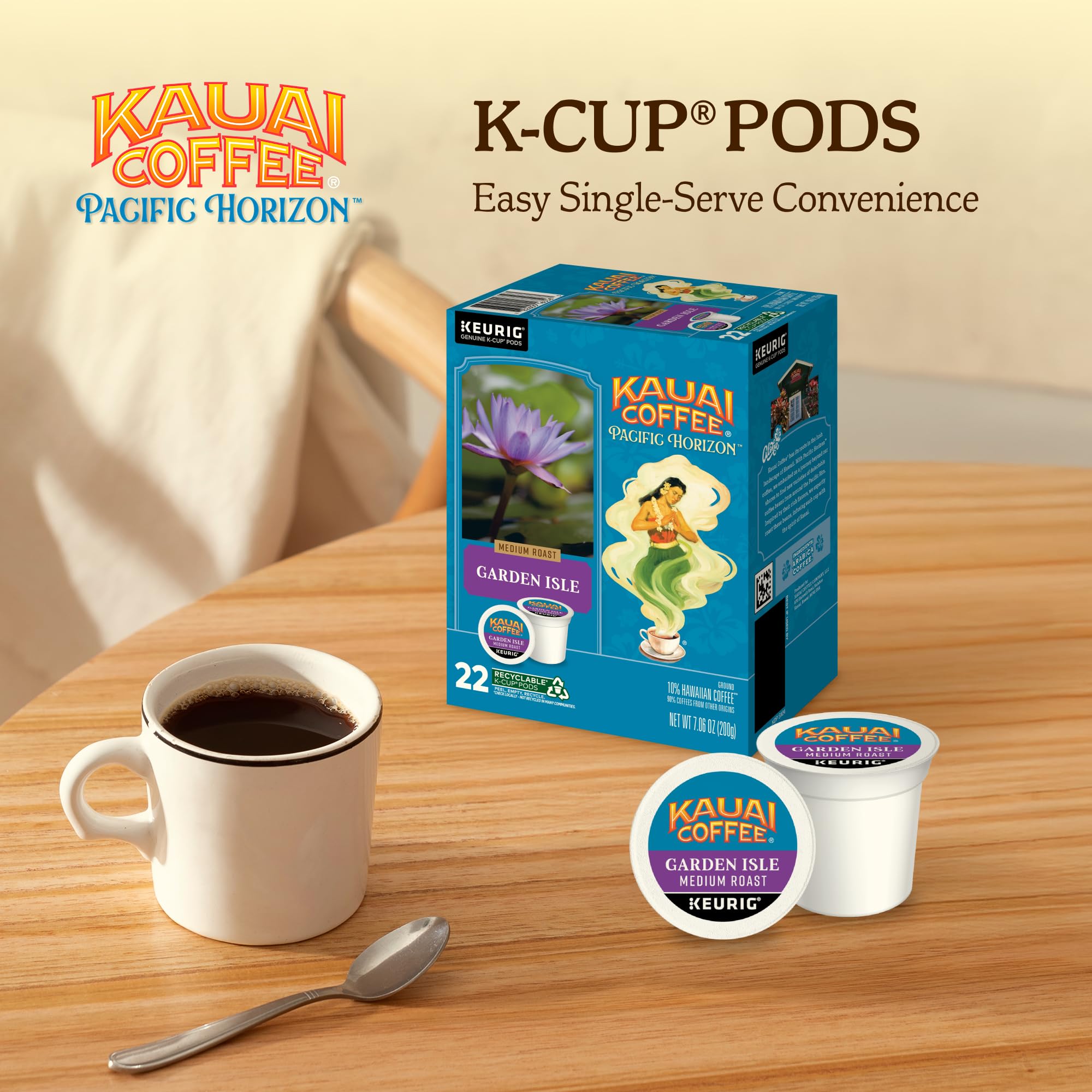 Kauai Coffee pod beside a mug to show serving scale and portion control benefit