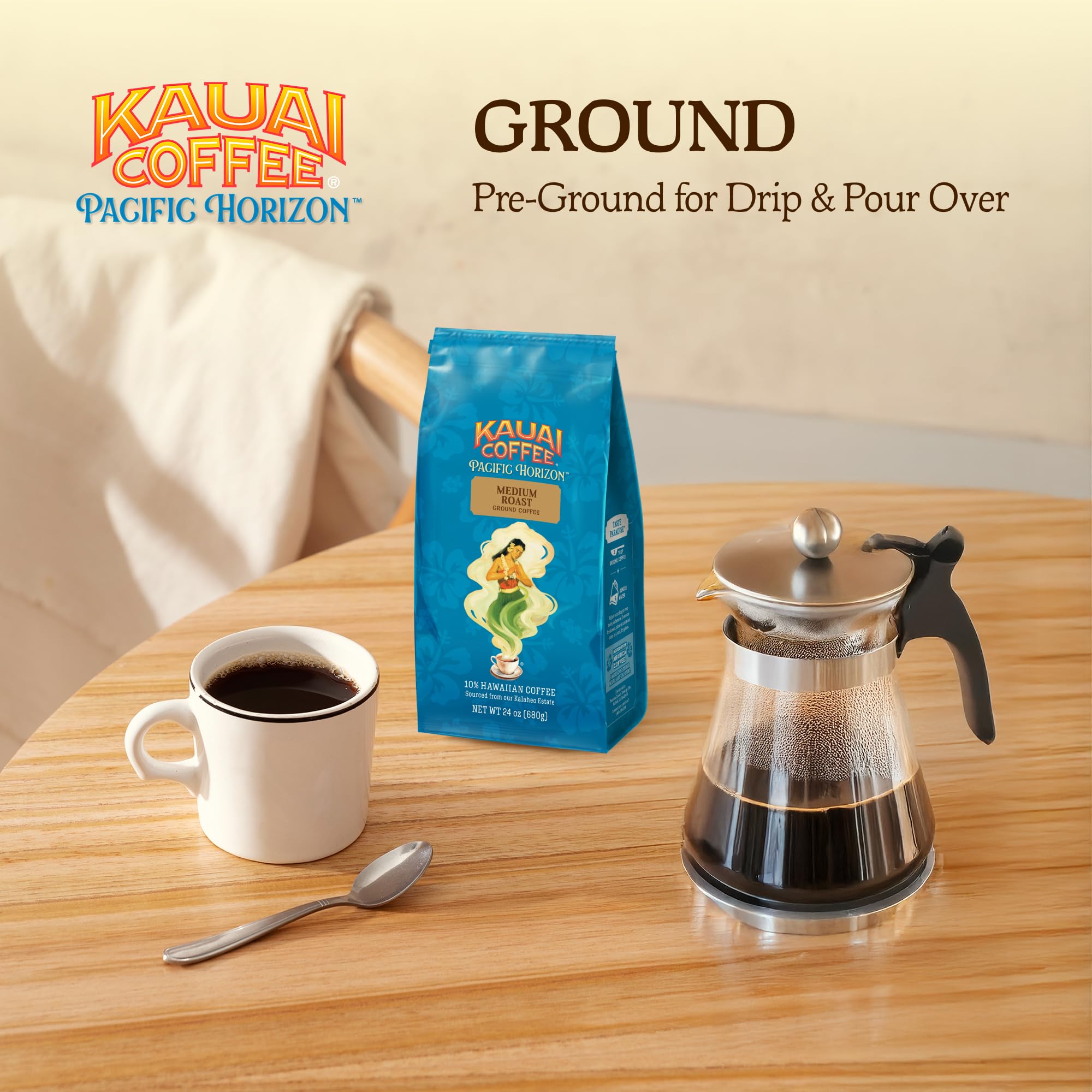24 oz Kauai Coffee bag beside a mug demonstrating generous household size