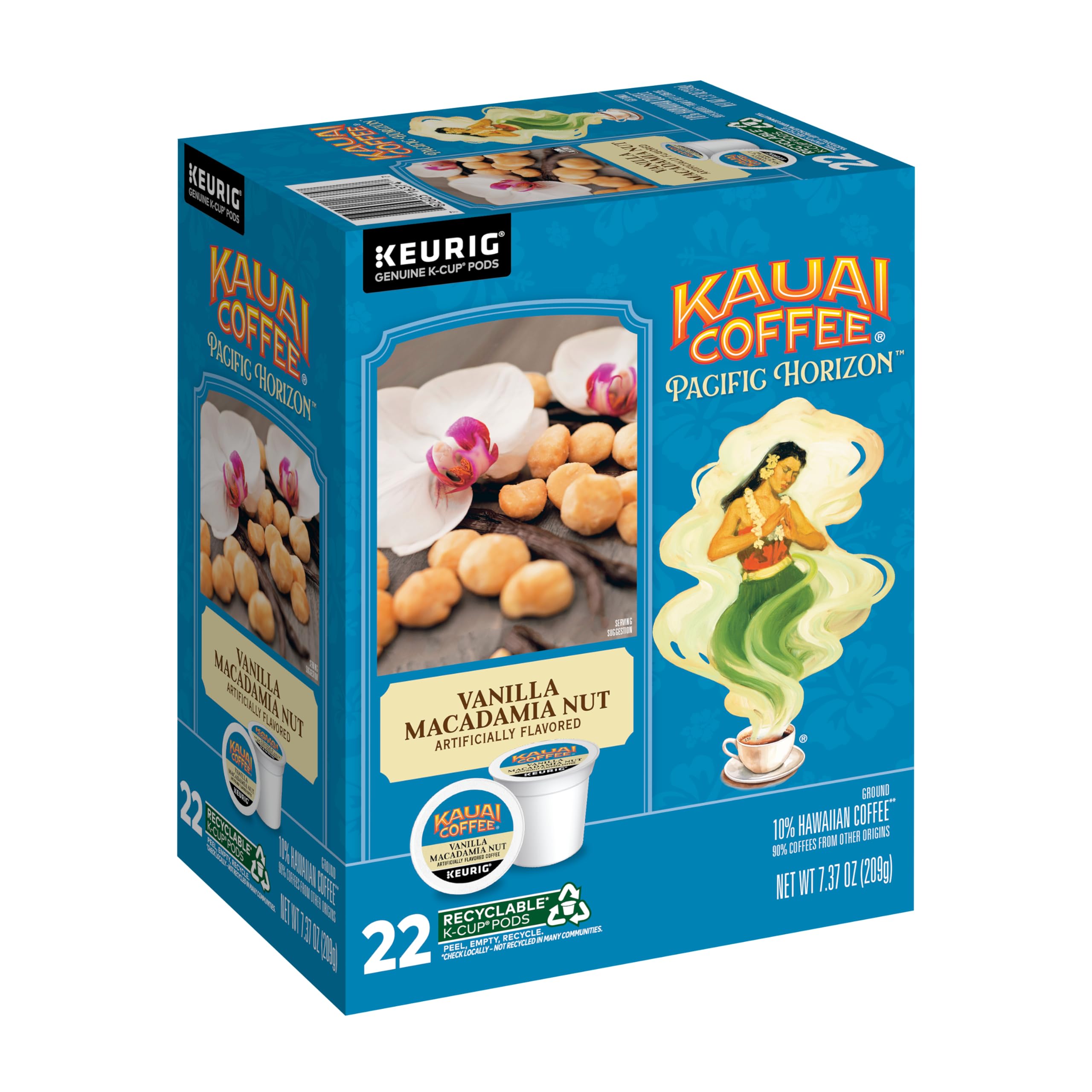 Kauai Coffee front packaging showcasing vanilla macadamia flavor and convenience