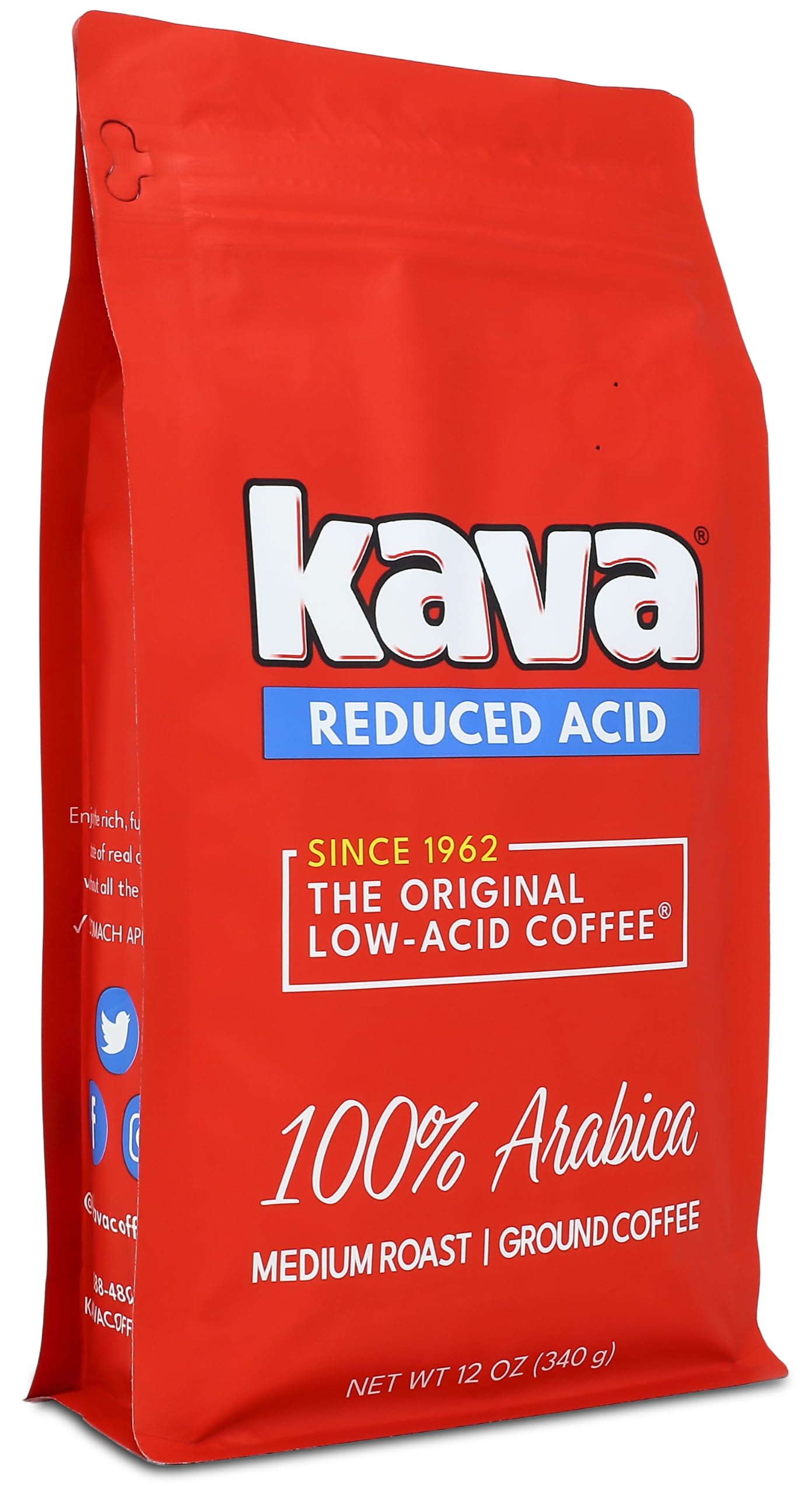 Kava front packaging 12 oz bag showing brand and medium roast benefits