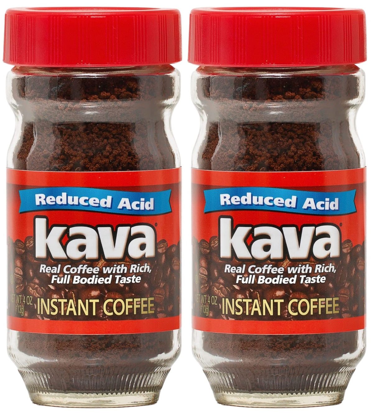 Kava front packaging showing two glass jars and clear labeling for quick recognition and reduced acidity