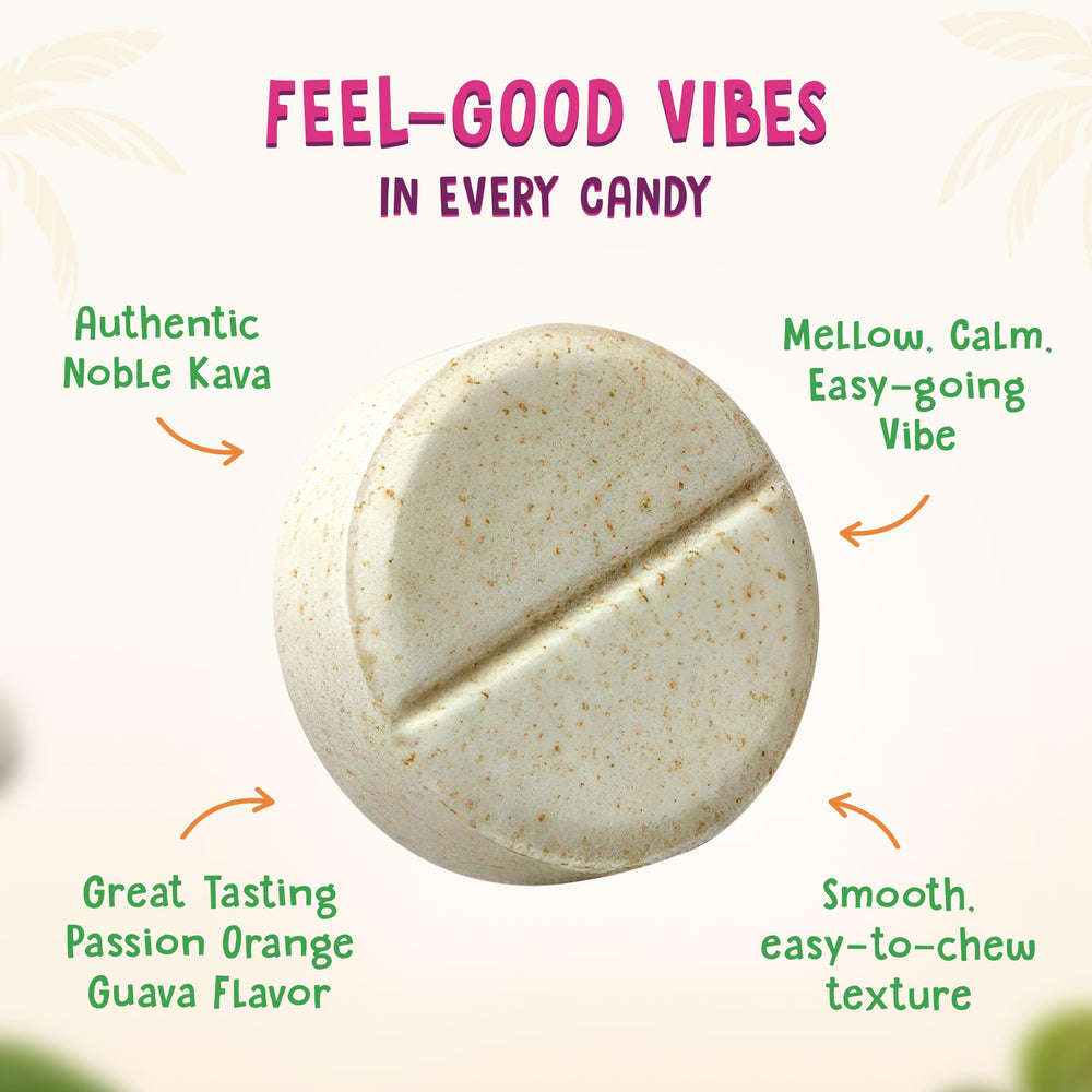 Kava Krave flavor ingredients with orange and guava visuals conveying bright tropical taste