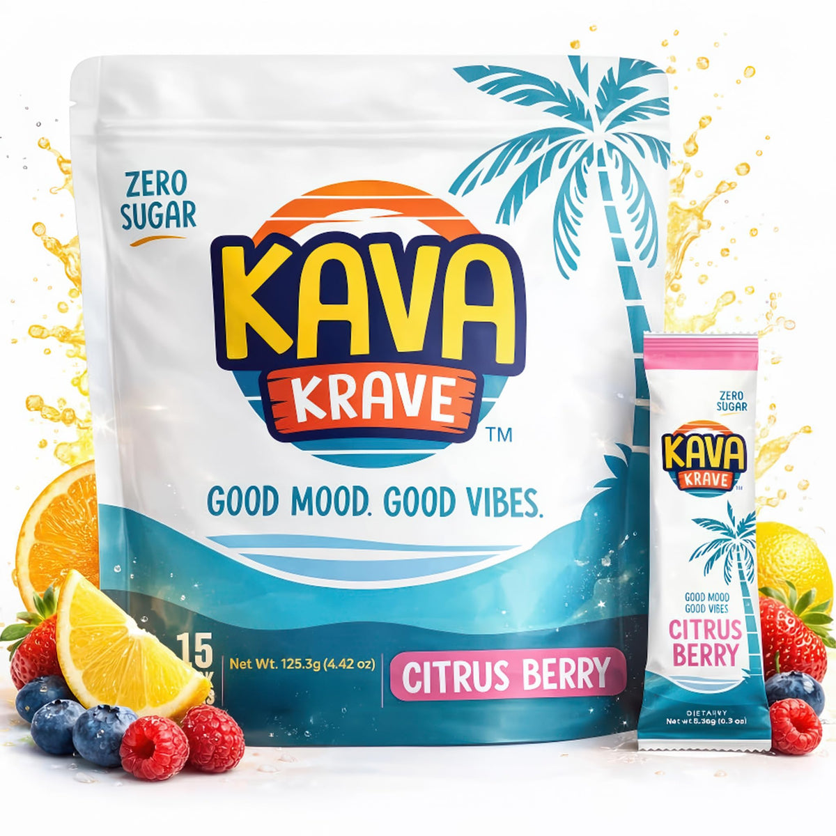 Kava Krave front box showing 15 packets and citrus berry branding benefit convenience