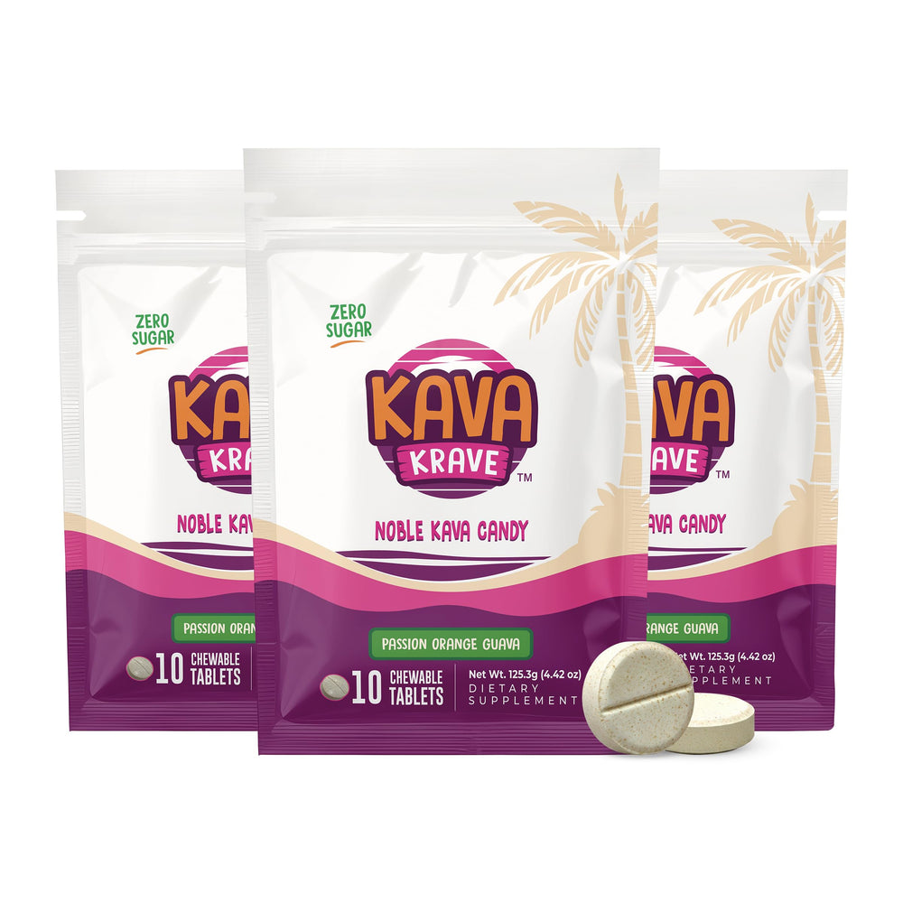 Kava Krave front packaging showing 30-count and bold tropical branding benefit portability