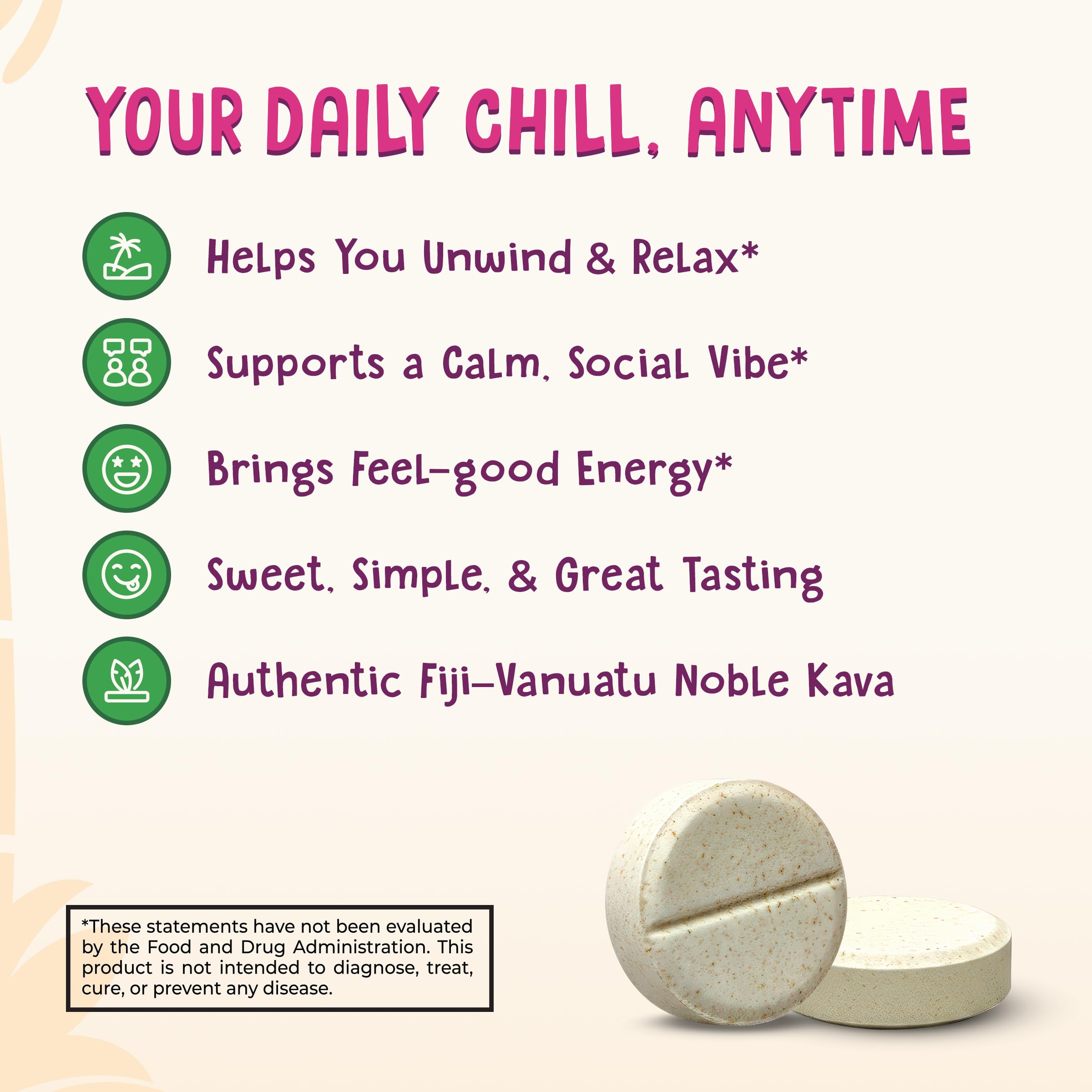Kava Krave tablets close-up texture showing soft-chew surface for quick release