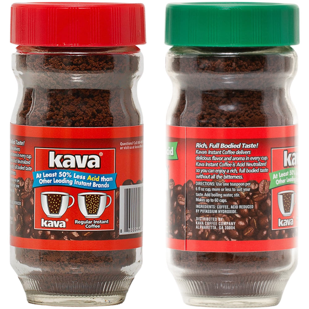 Kava regular 4 oz glass jar close-up highlighting label and resealable lid for aroma retention
