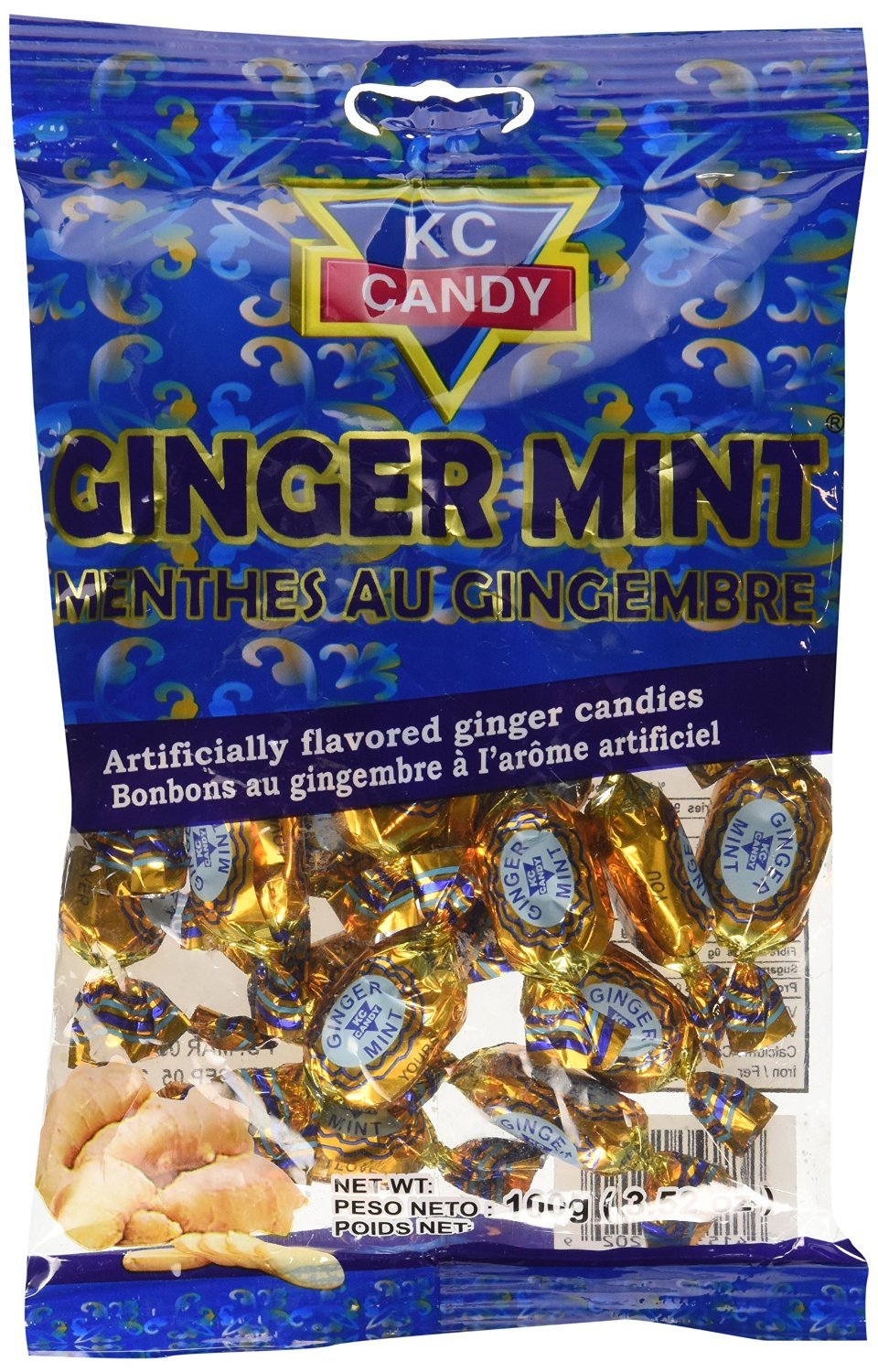 KC Candy front tin of ginger mints showing packaging and portability benefit