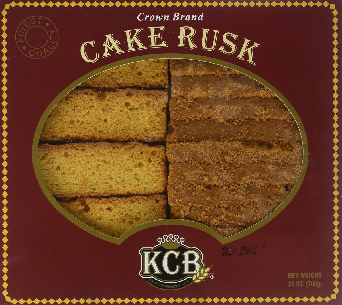 KCB Cake Rusk front pack showing crisp sweet biscuit, perfect with tea