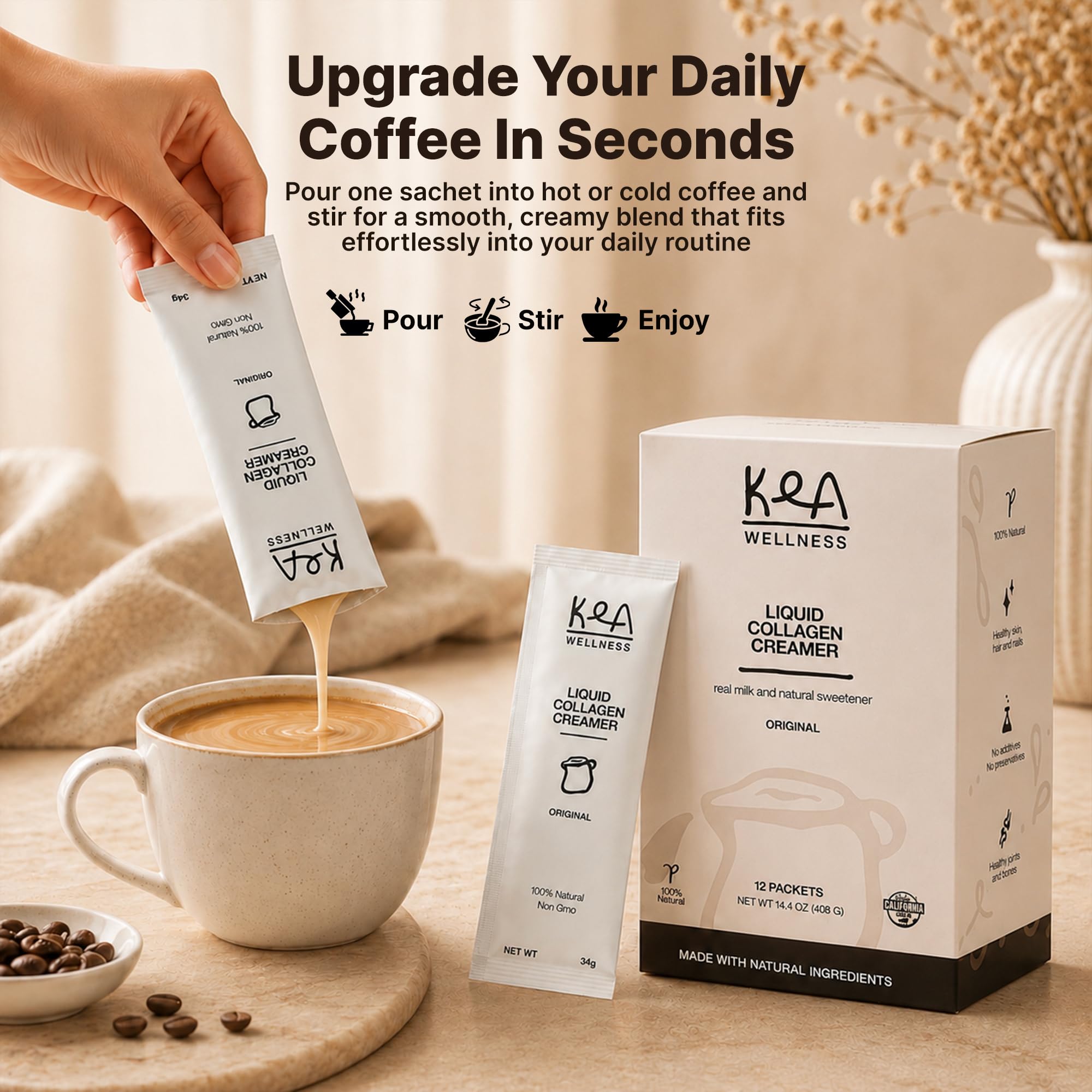 Kea Wellness pouring creamer into coffee to create a creamy, collagen-rich drink