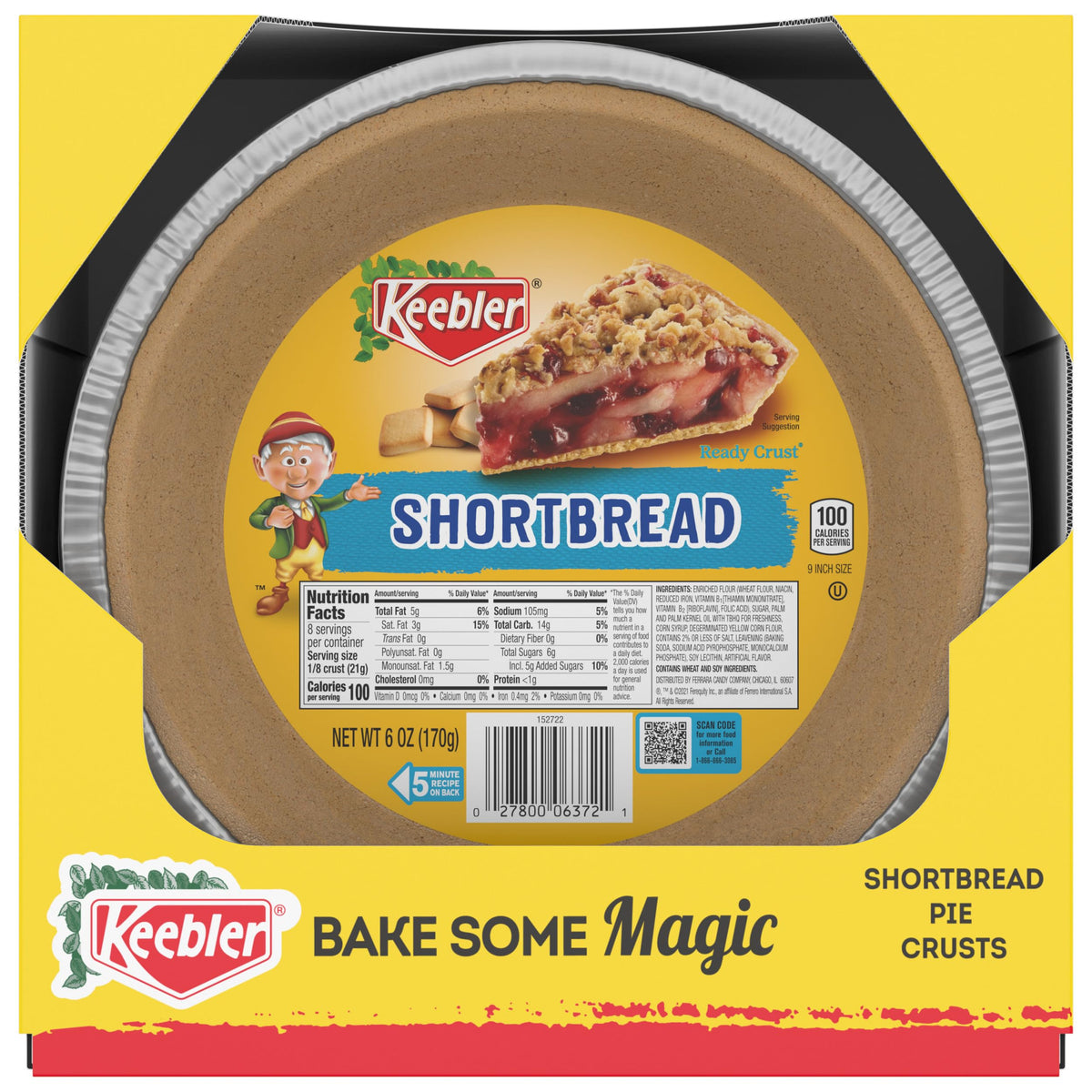 Keebler front packaging showing 12 shortbread pie crusts, convenient storage
