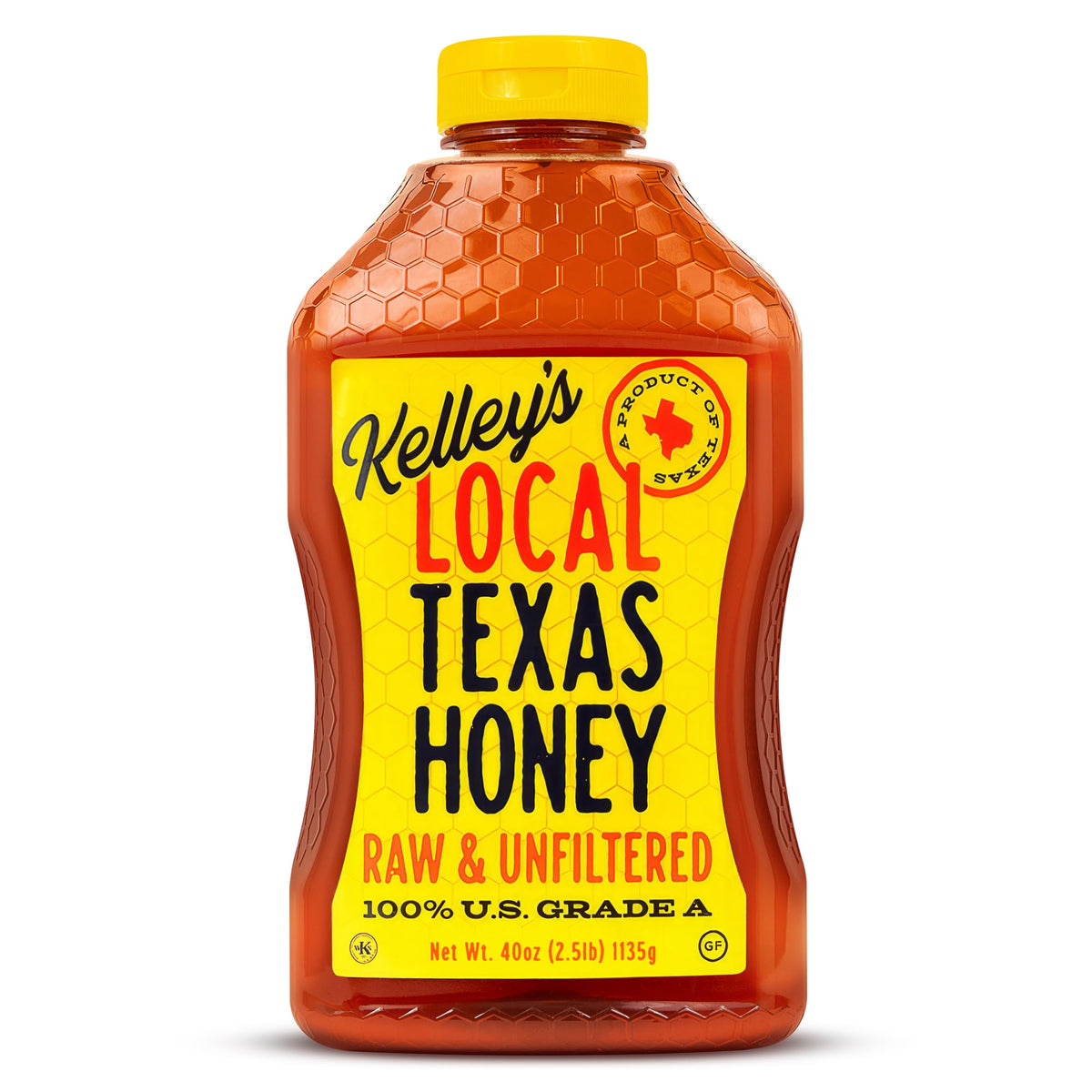 Kelley's front label showing 40 oz size and Texas heritage for clear product identity