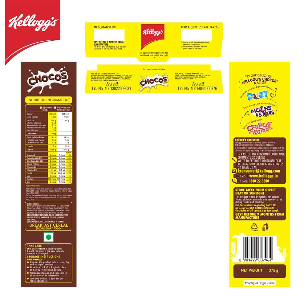 Hand holding the Kellogg's box for scale showing 375g pack size and household portion
