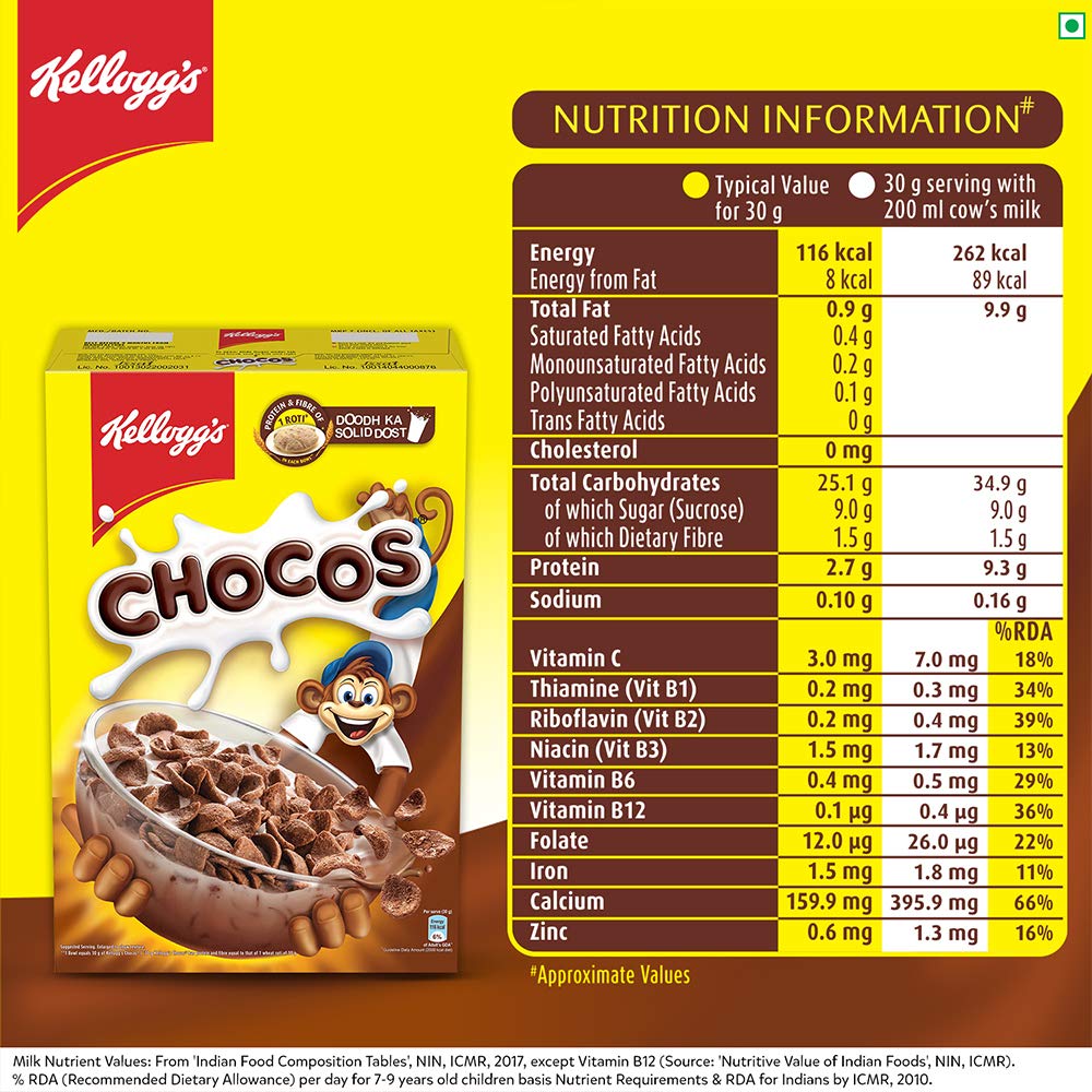 Kellogg's spoonful of Chocos lifted from bowl showing crisp texture and chocolate flavor