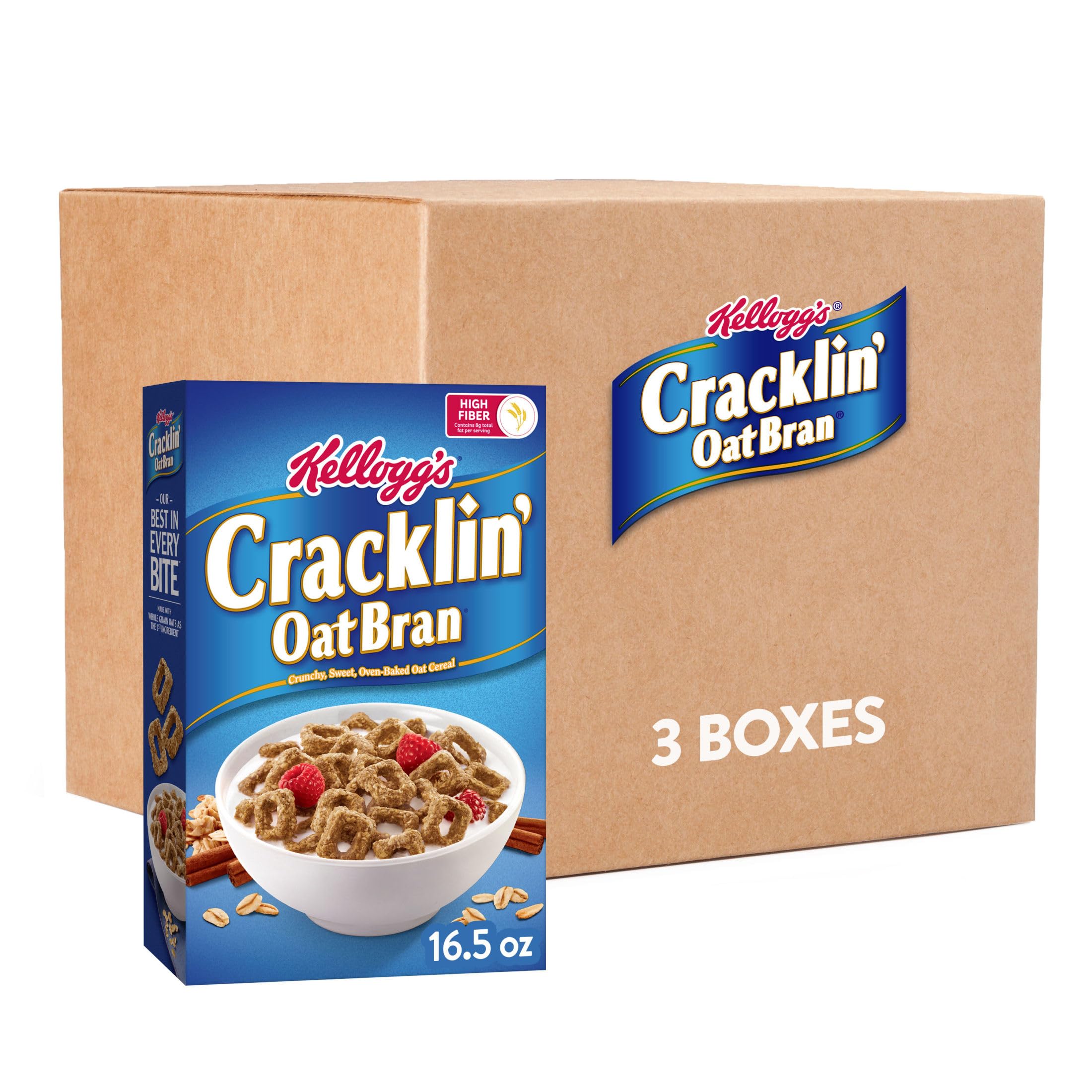 Kellogg's Cracklin' Oat Bran front packaging showing three-box value pack and branding
