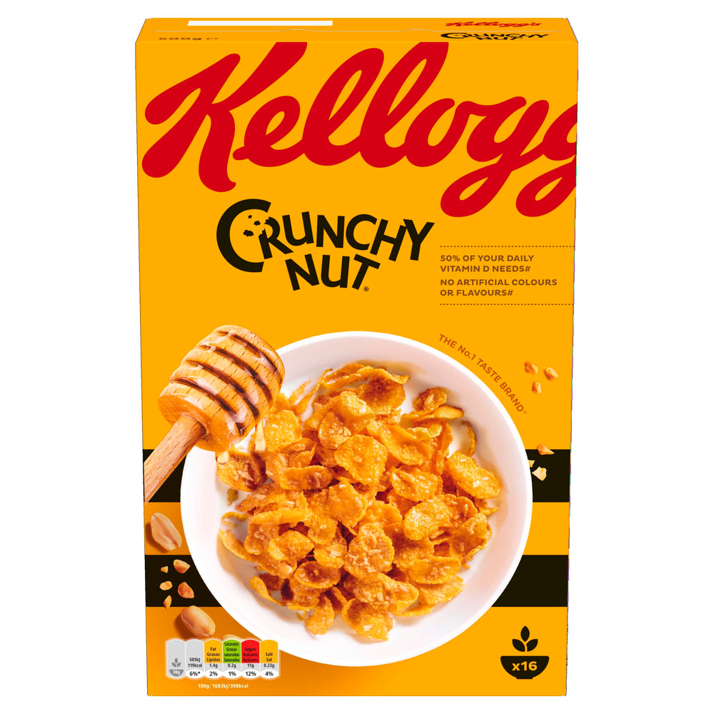 Kellogg's Crunchy Nut front packaging showing crunchy, honey-coated flakes