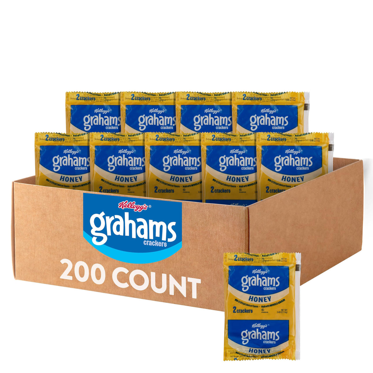 Kellogg's front packaging of honey grahams showing brand and bulk count benefit