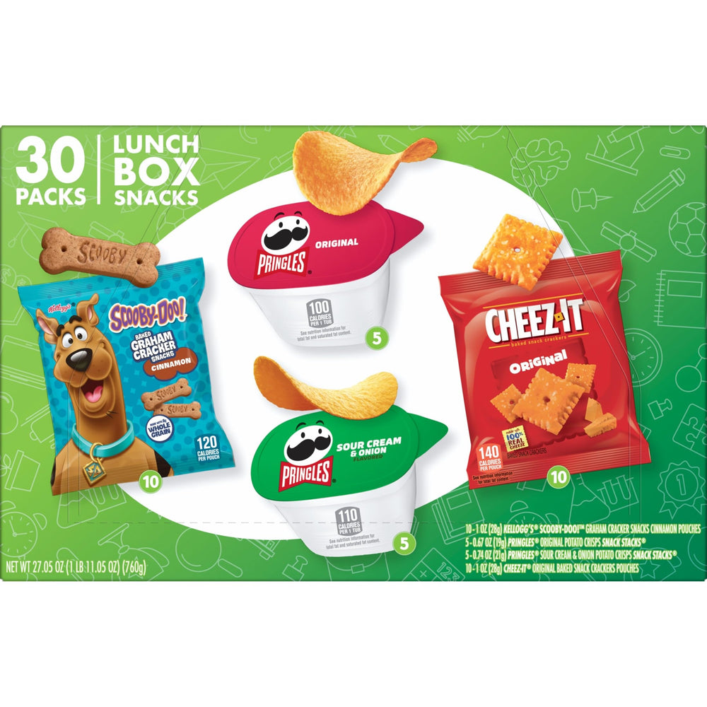 Kellogg's open pack inside lunchbox with assorted snacks for convenient midday eating