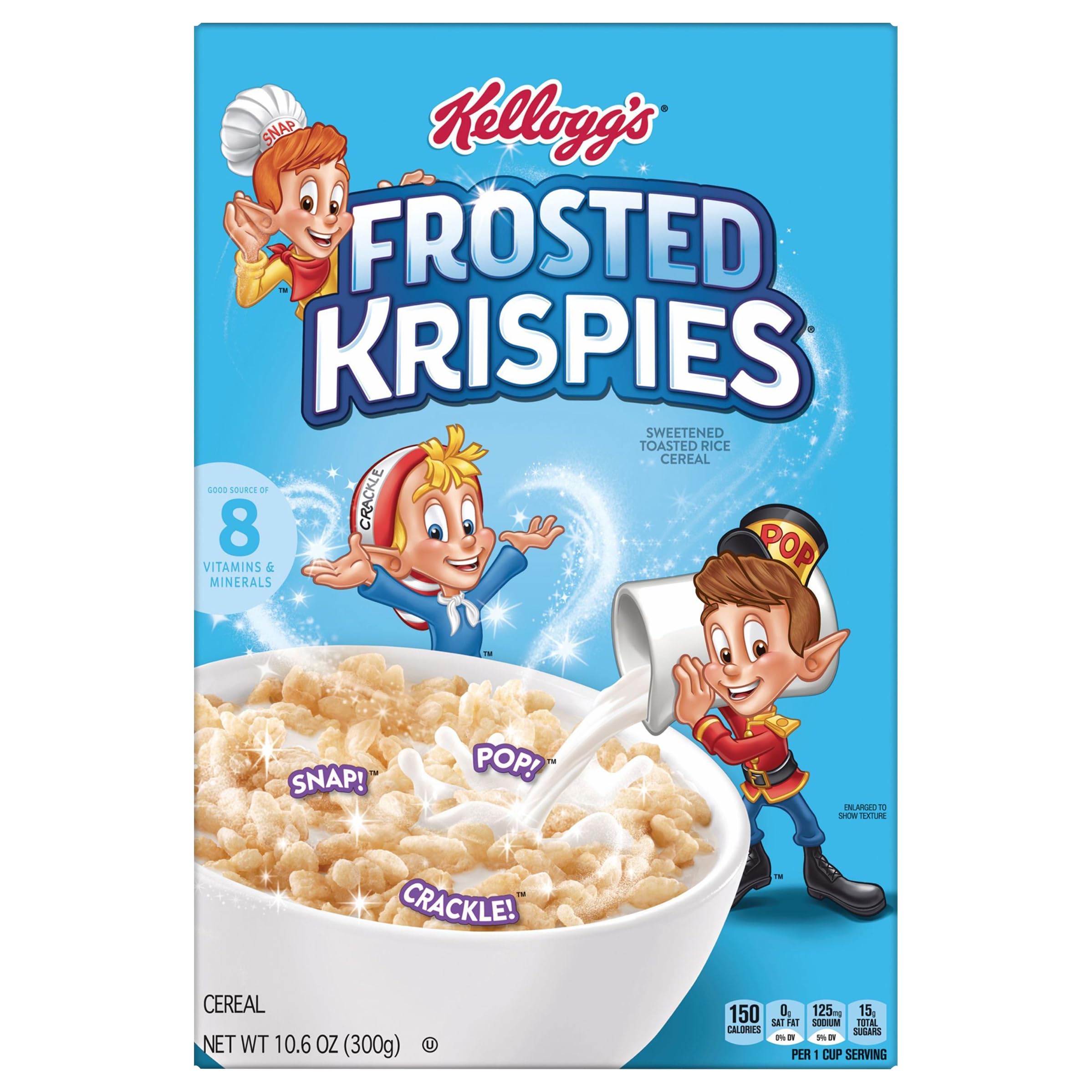 Kellogg's front box shot showing frosted rice flakes and serving suggestion