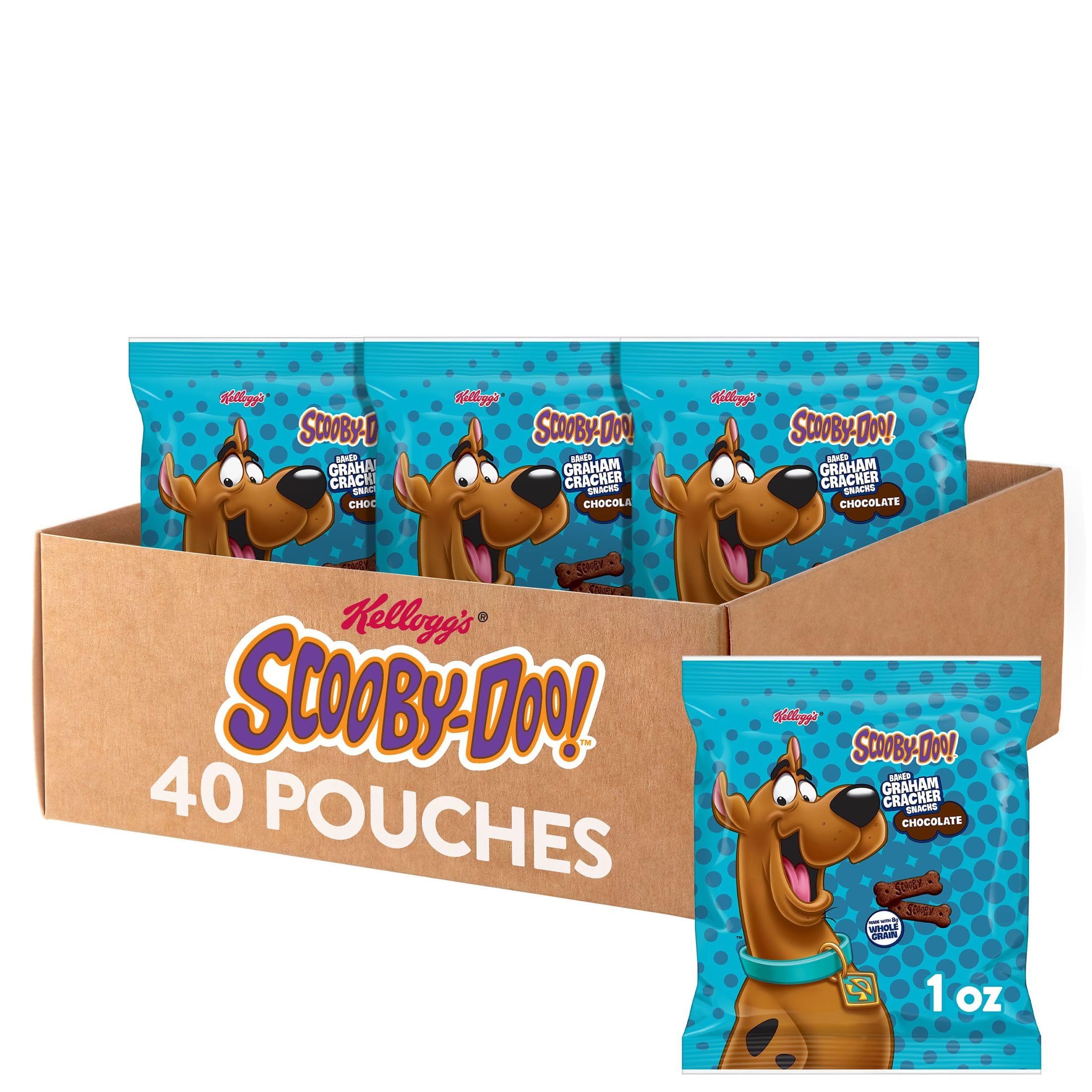 Kellogg's front packaging showing 40 snack pouches and Scooby-Doo branding, convenient storage